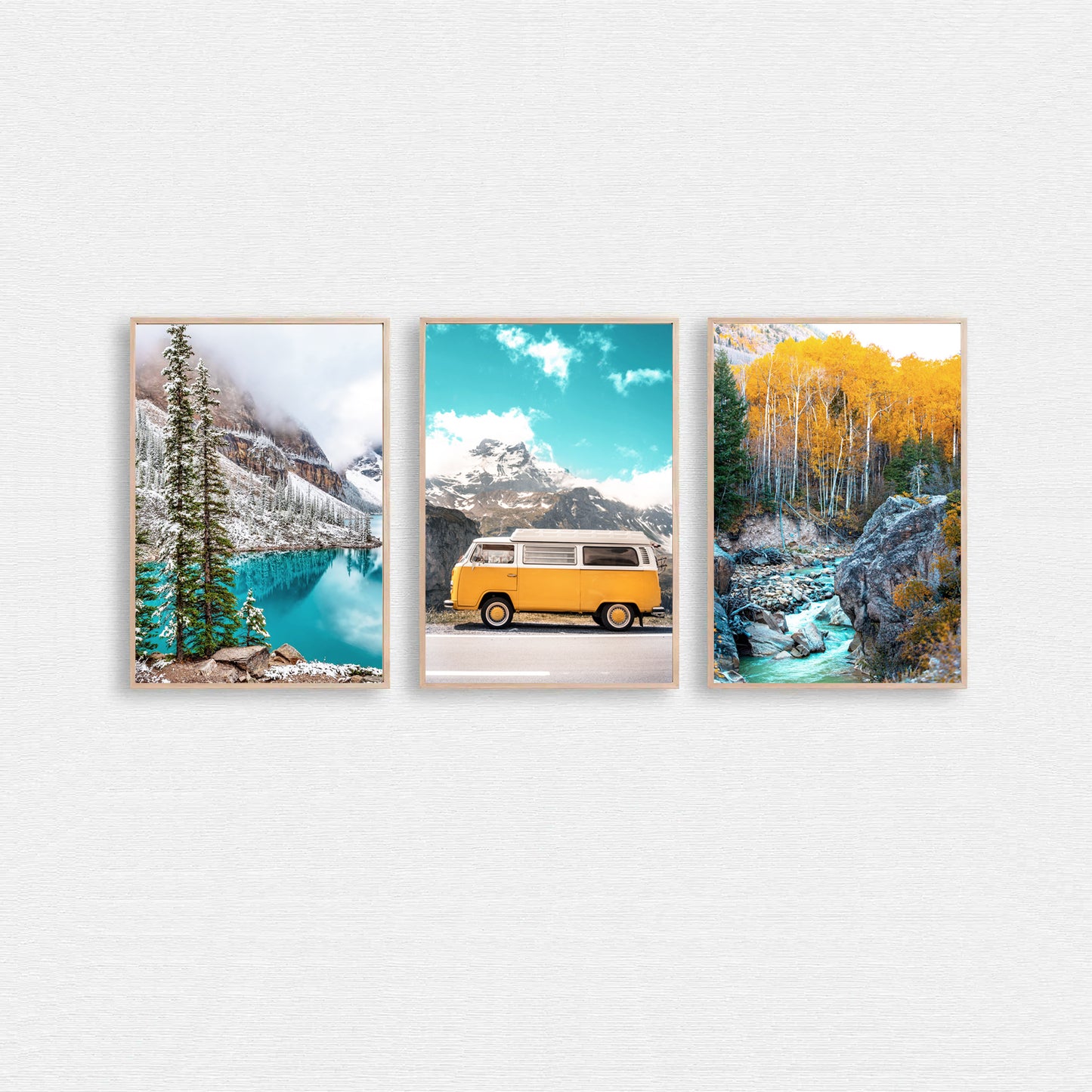 Colorful autumn triptych with Nordic nature scenery.