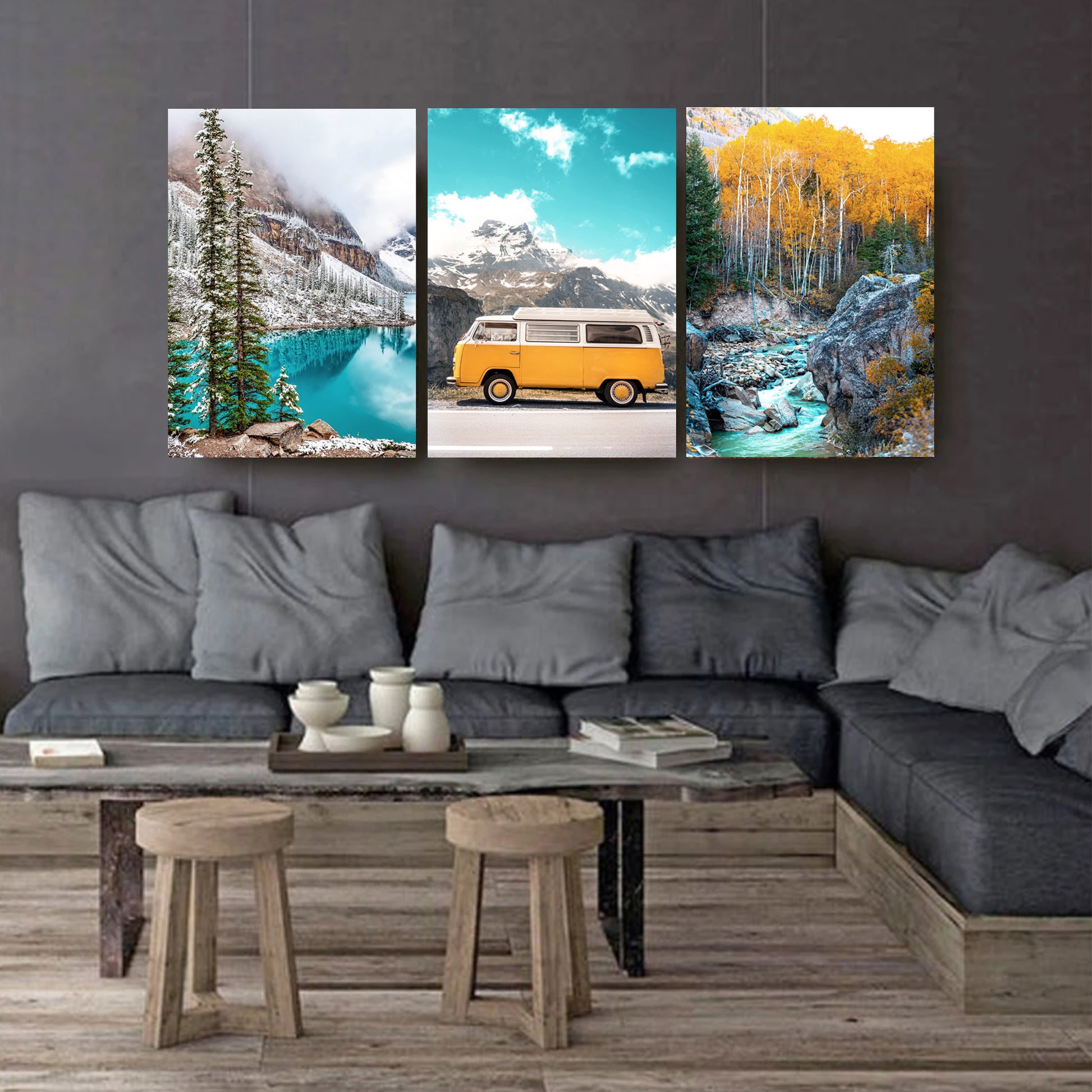 Colorful autumn canvas triptych on dark wall.