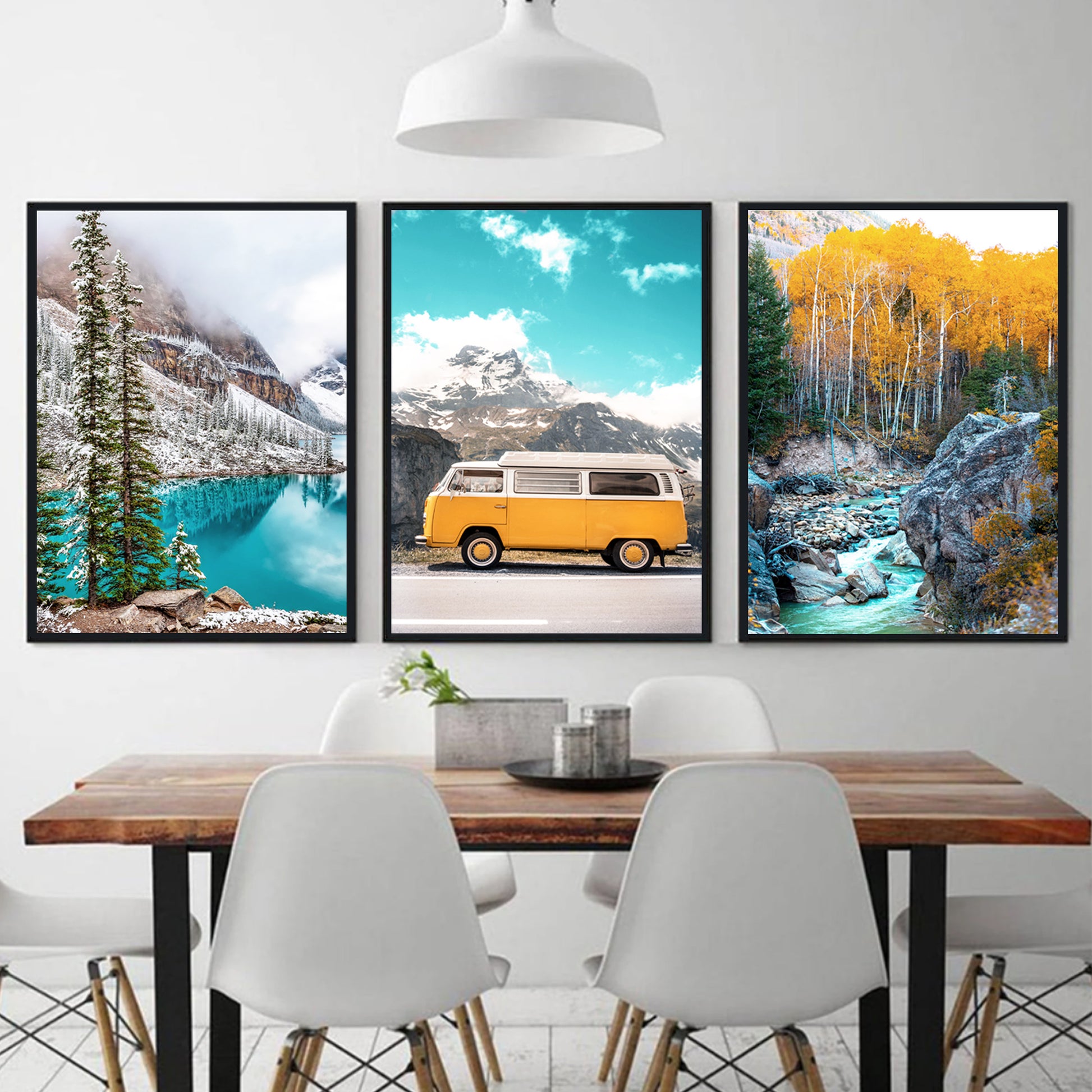 Colorful autumn wall art on satin paper in black color frames.