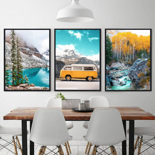 Wall art set with yellow van and Nordic nature.