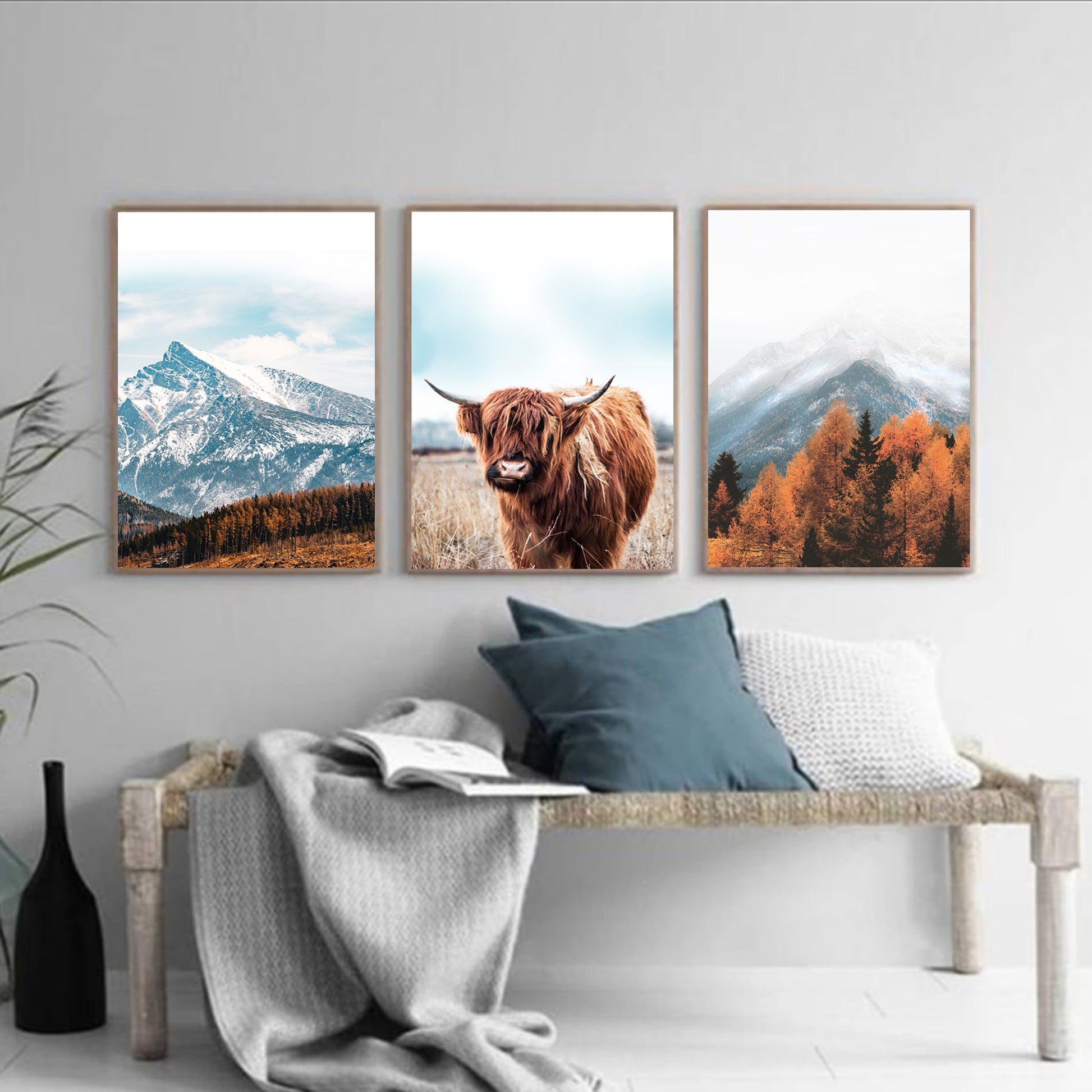 Autumn triptych in the modern gray interior.