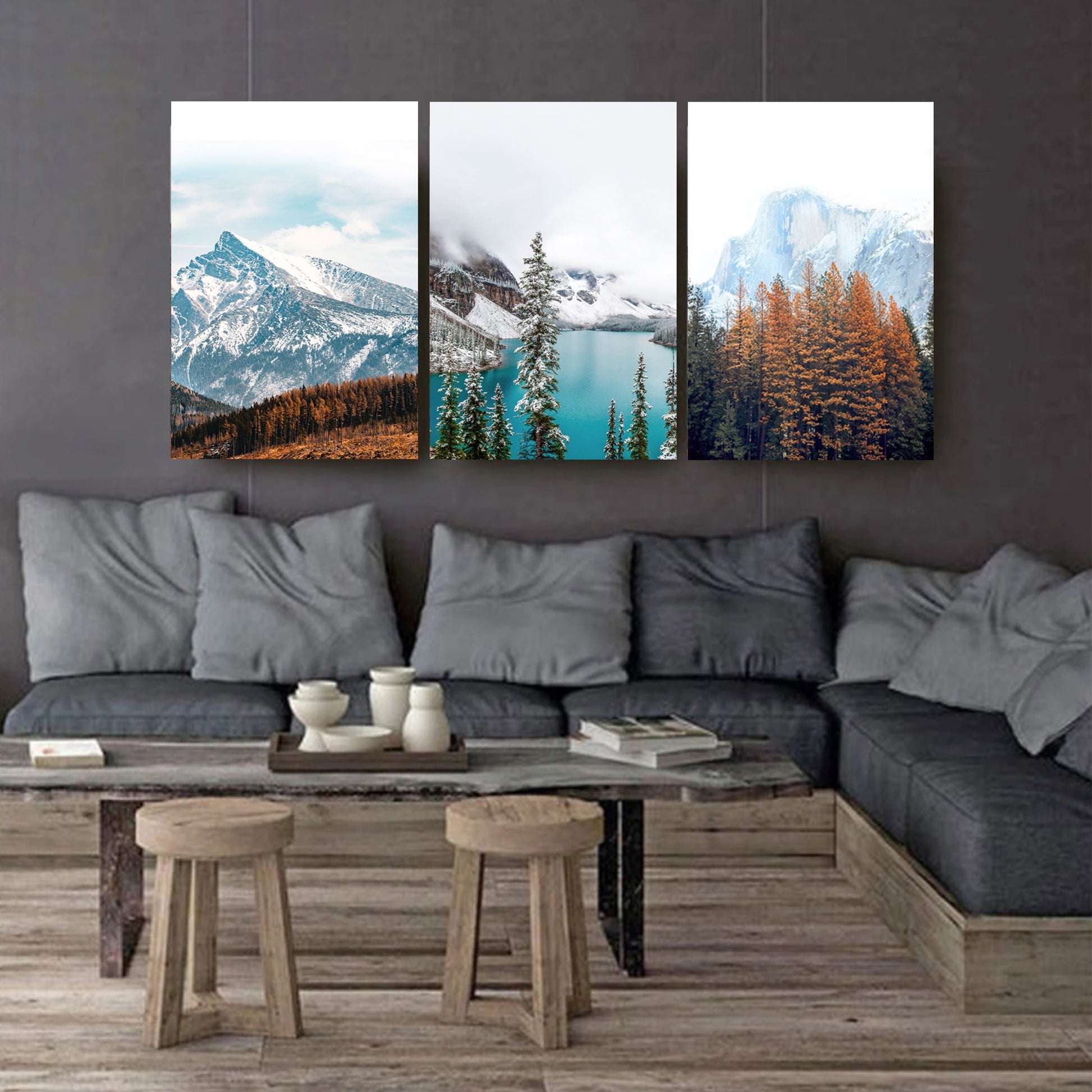 Autumn landscapes triptych canvas 3 panel on dark wall.