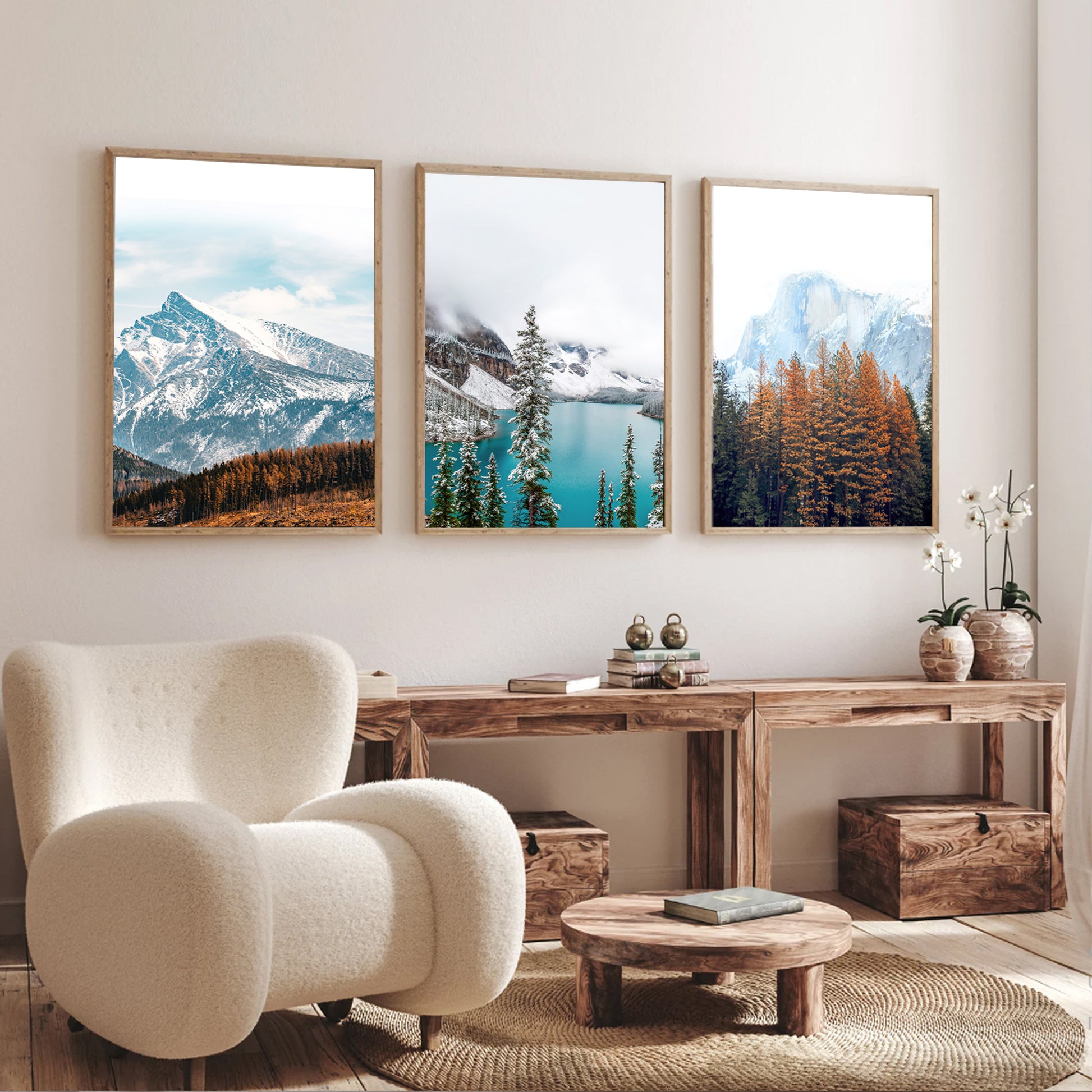 Autumn landscapes triptych in wood color frames.