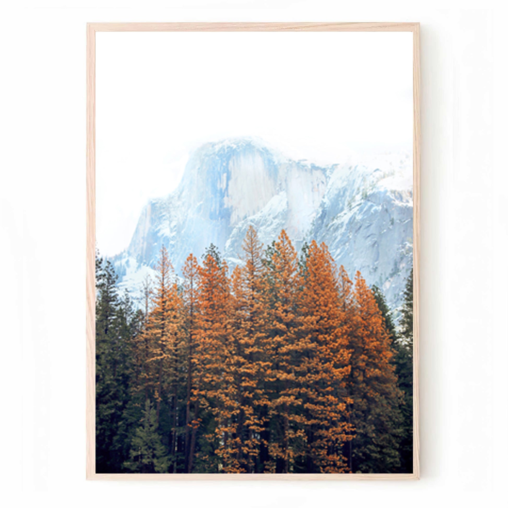 Print with autumn trees against a snowy peak.