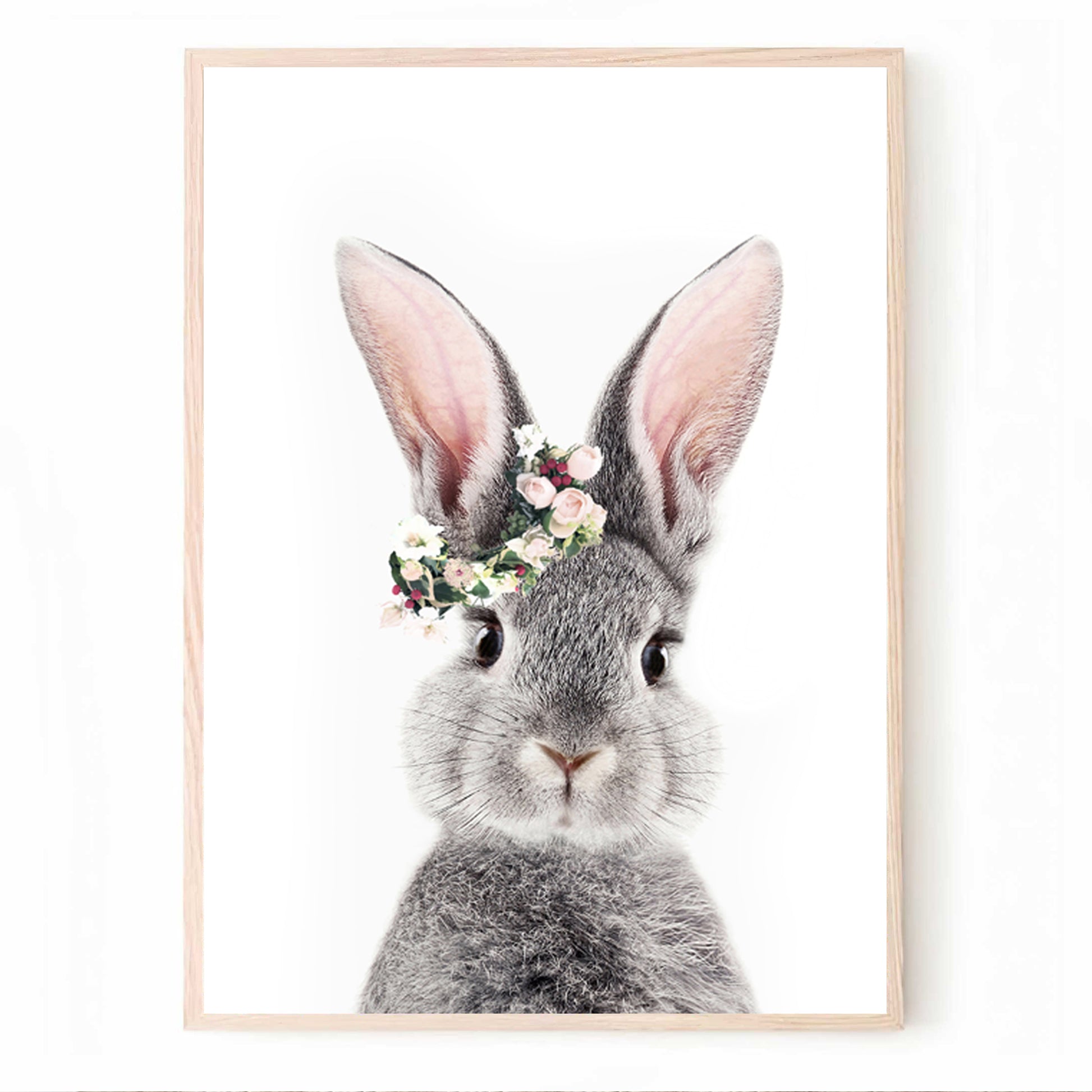 Baby rabbit with a wreath of wild flowers in wood color frame.