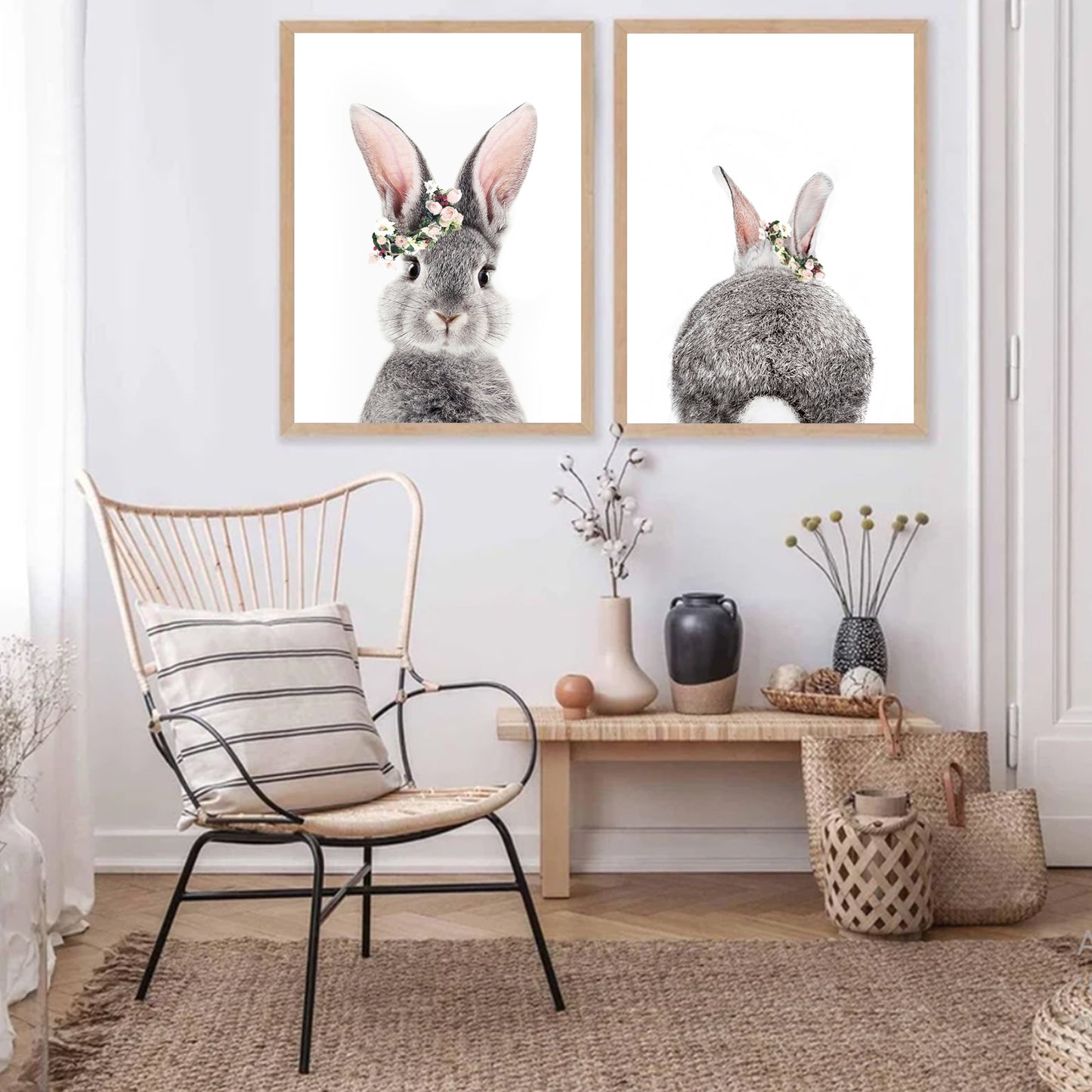 Bunny with flower crown set of two framed prints.