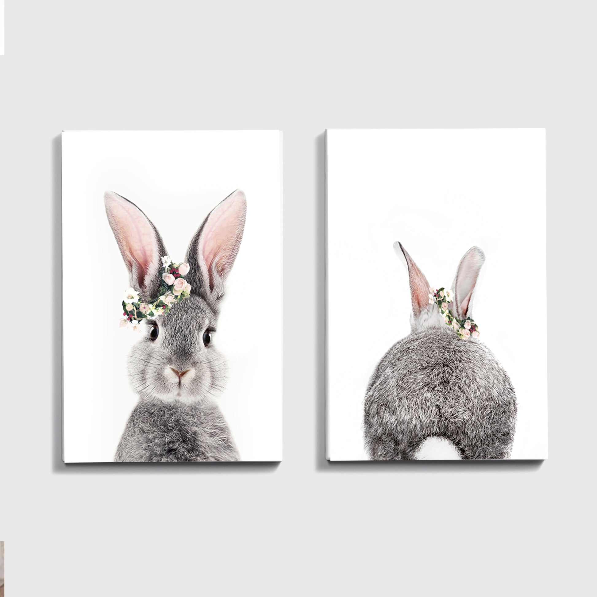 Bunny with flower crown set of two canvas wall art.