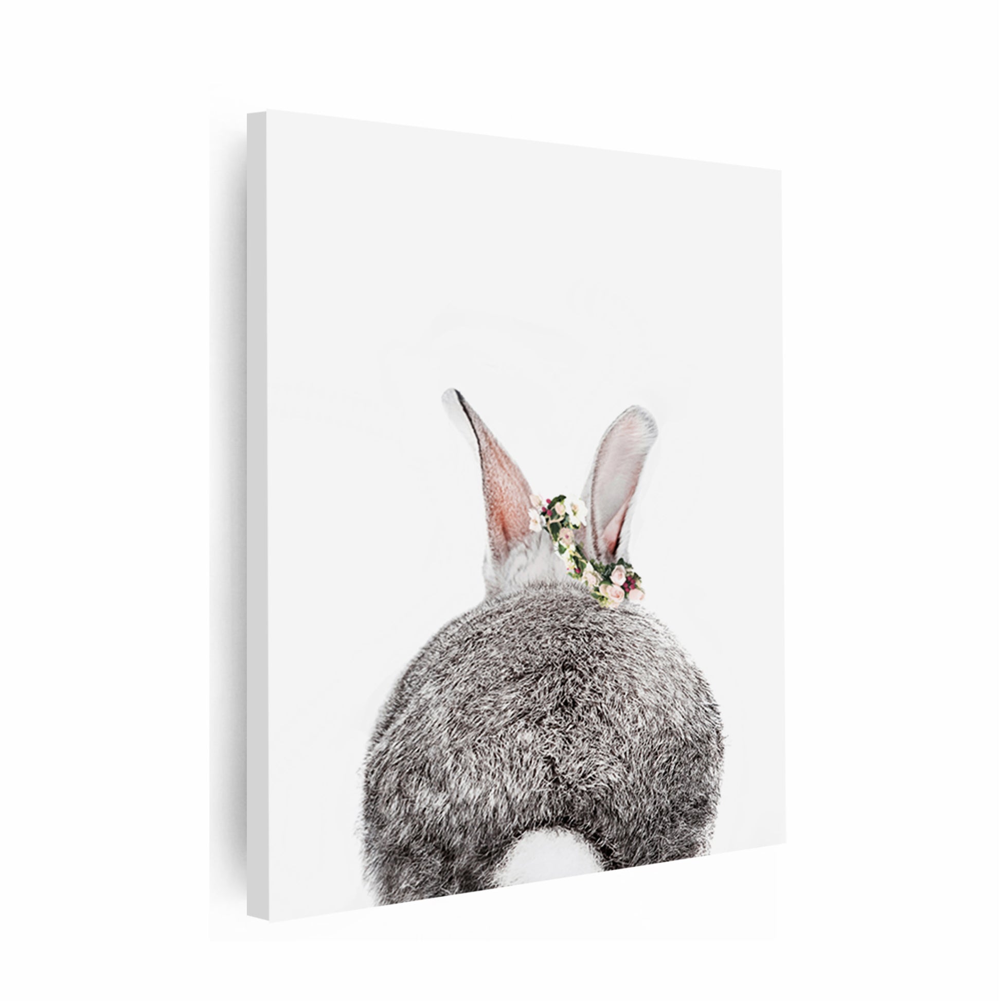 Bunny with fluffy tail and flower crown canvas panel.