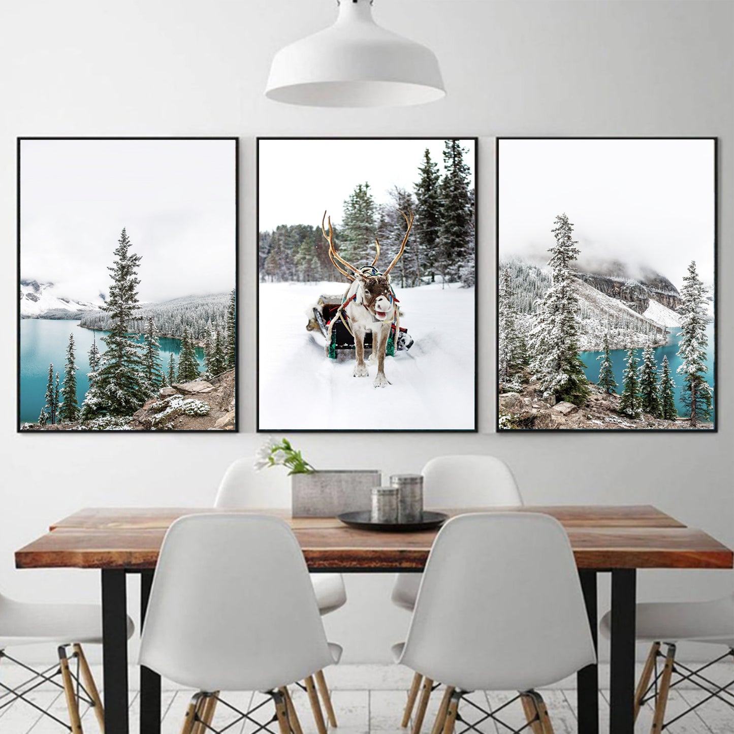 Reindeer triptych in wood color frames.