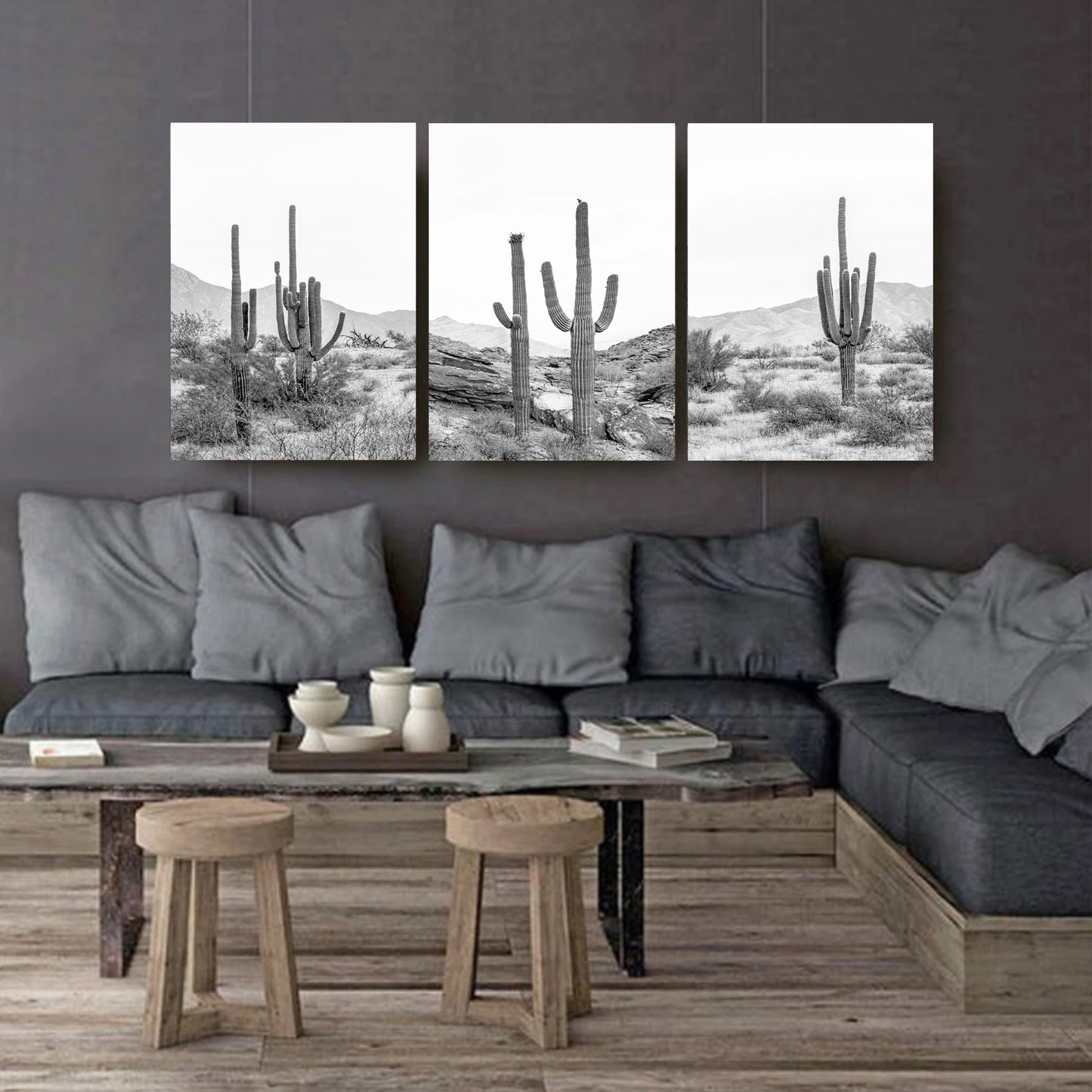 3 panel canvas with cacti on dark wall.