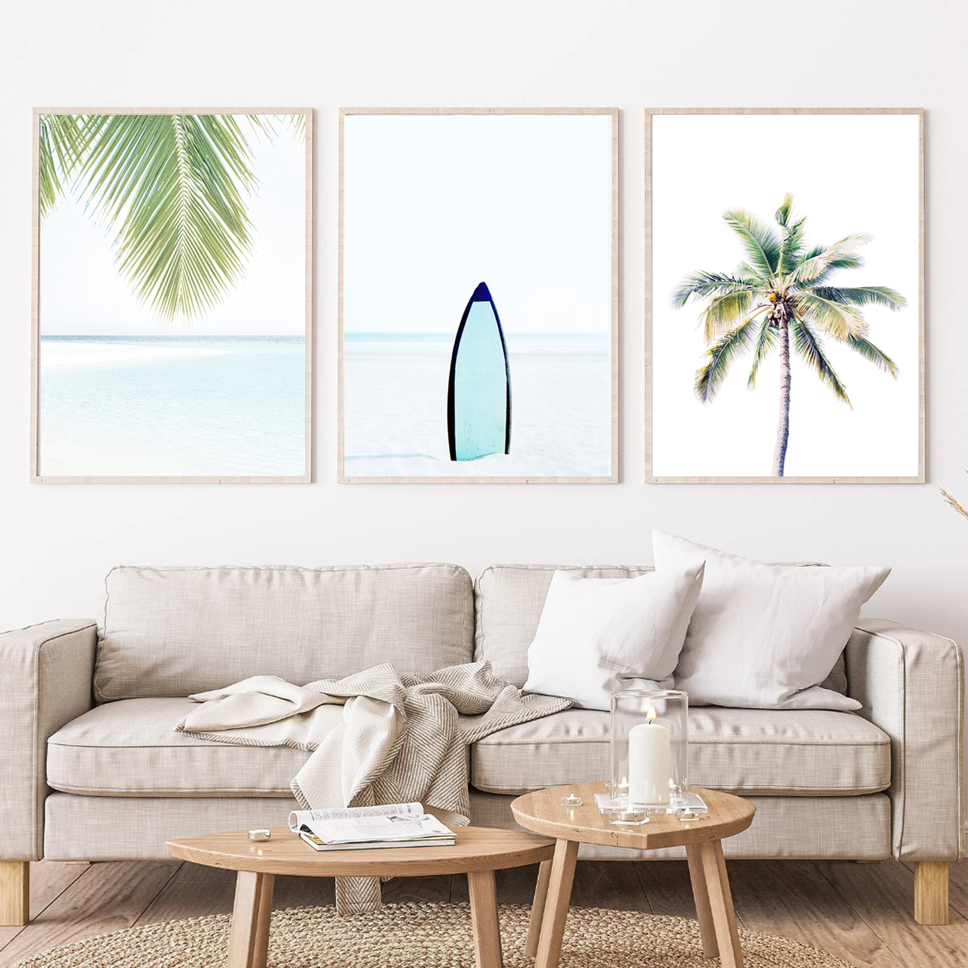 3 piece wall art with palm tree.