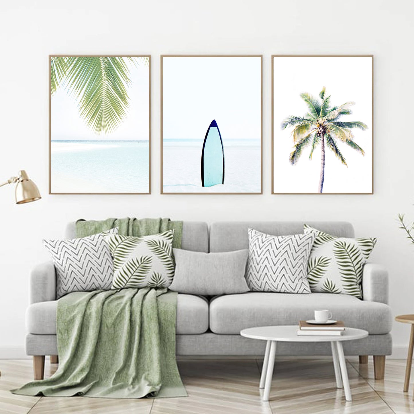 Blue ocean, green palm tree, blue surf board poster set.