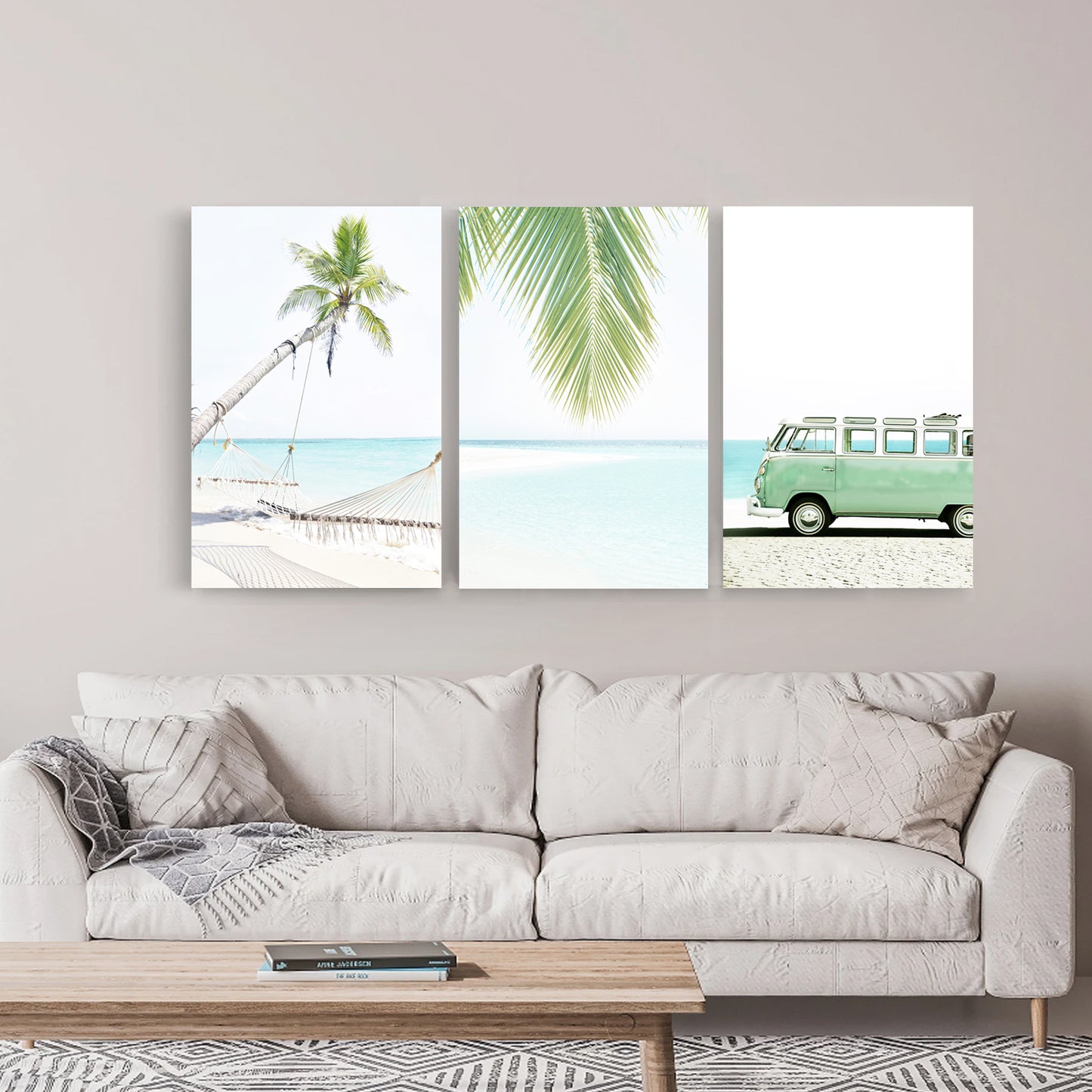 3 piece canvas prints in a room of light colors.