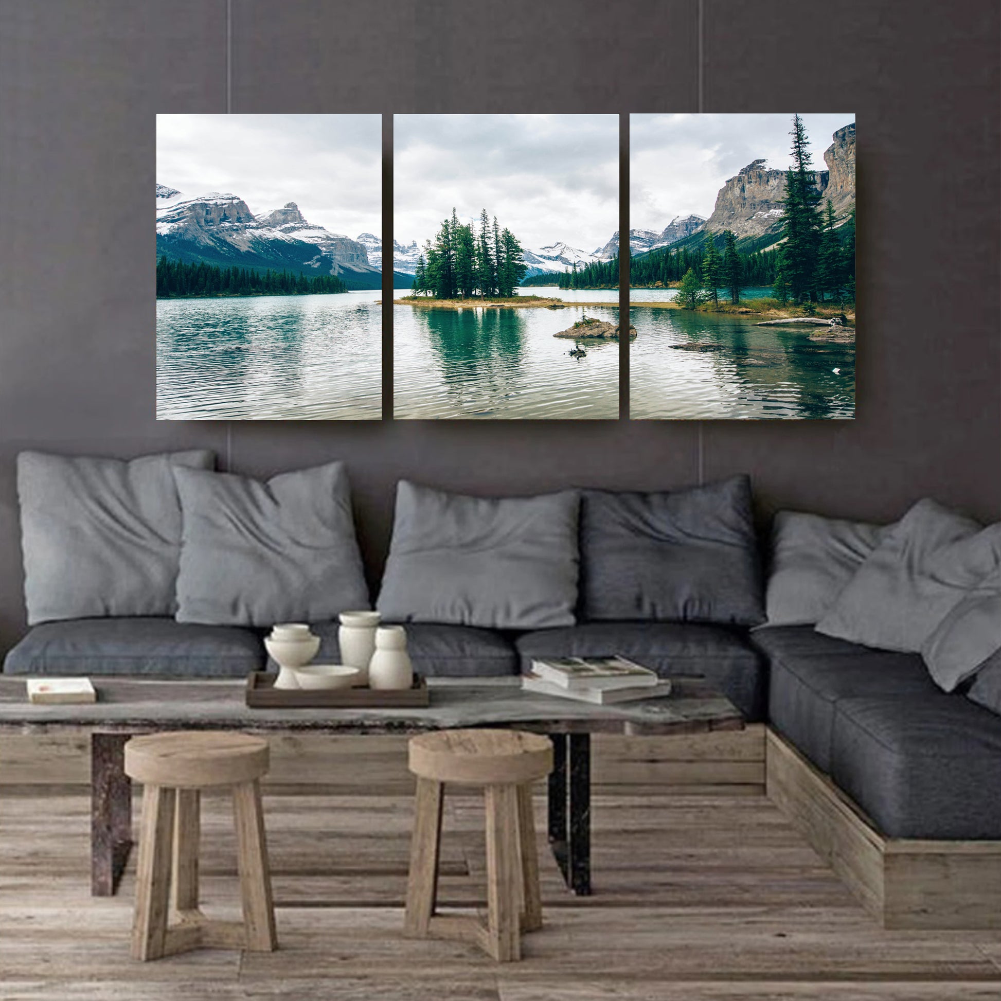 Maligne lake 3 canvas on dark wall.