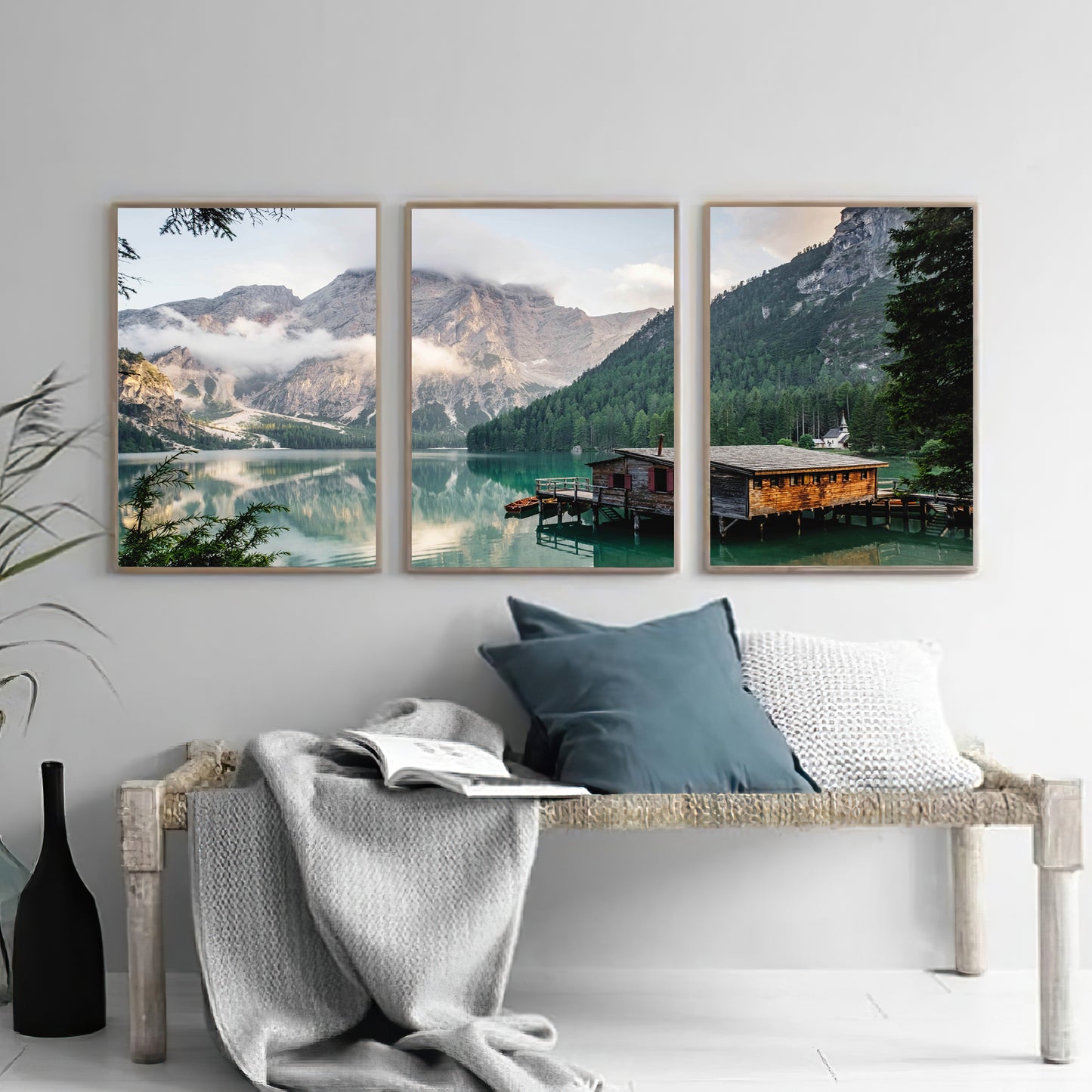 Mountain lake triptych in Scandinavia style interior.