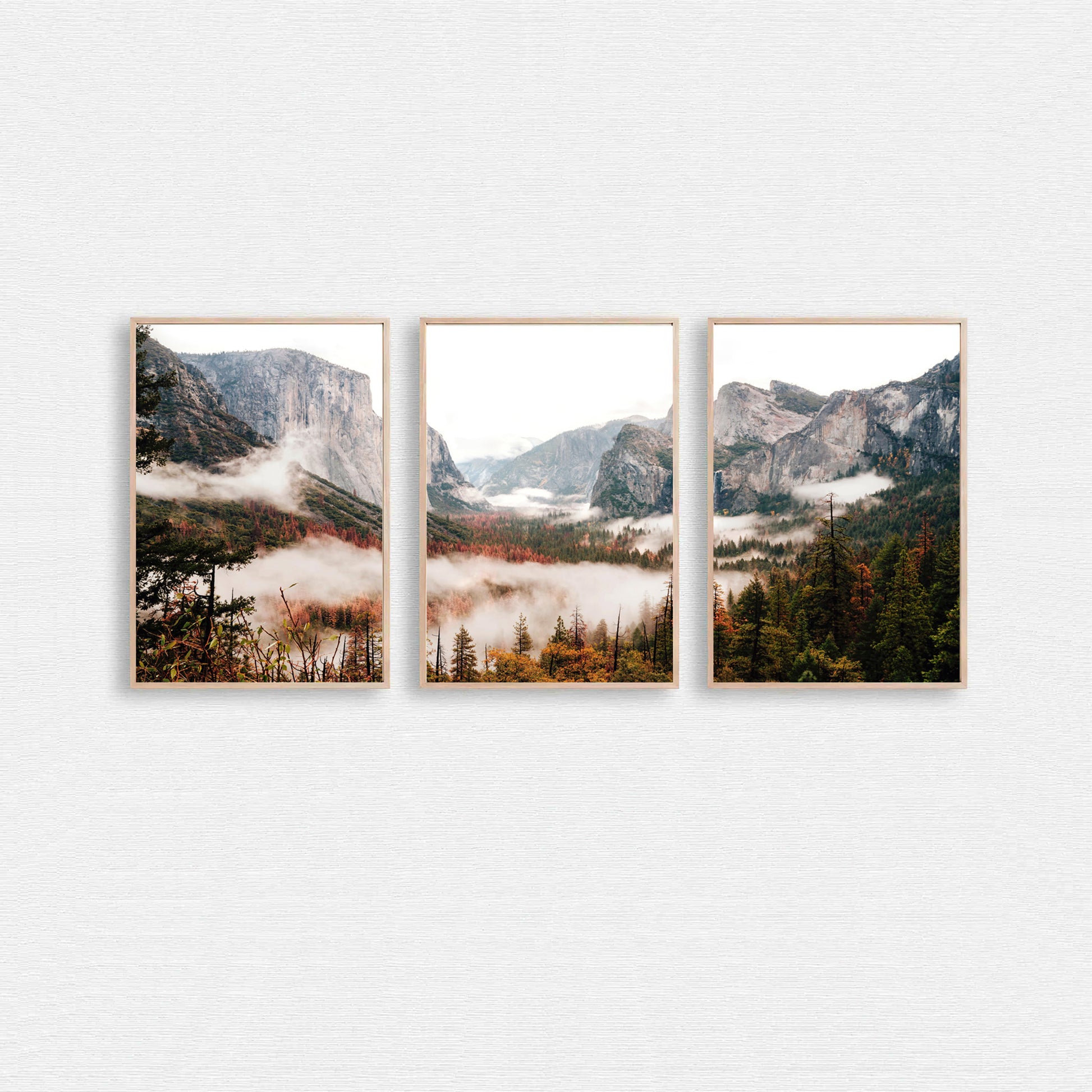 Triptych with a foggy autumn mountain valley.