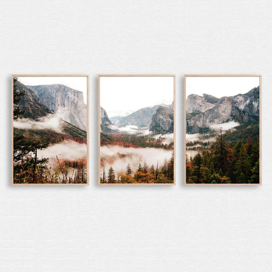 Triptych with a foggy autumn landscape.