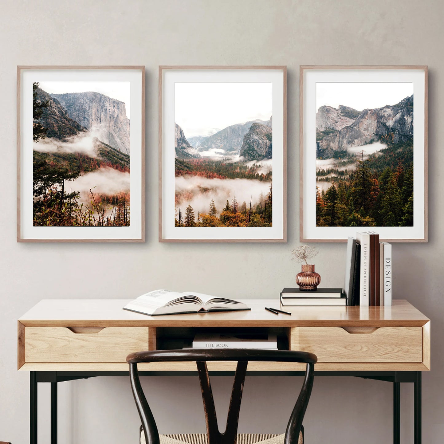 Autumn forest triptych on a beige wall.