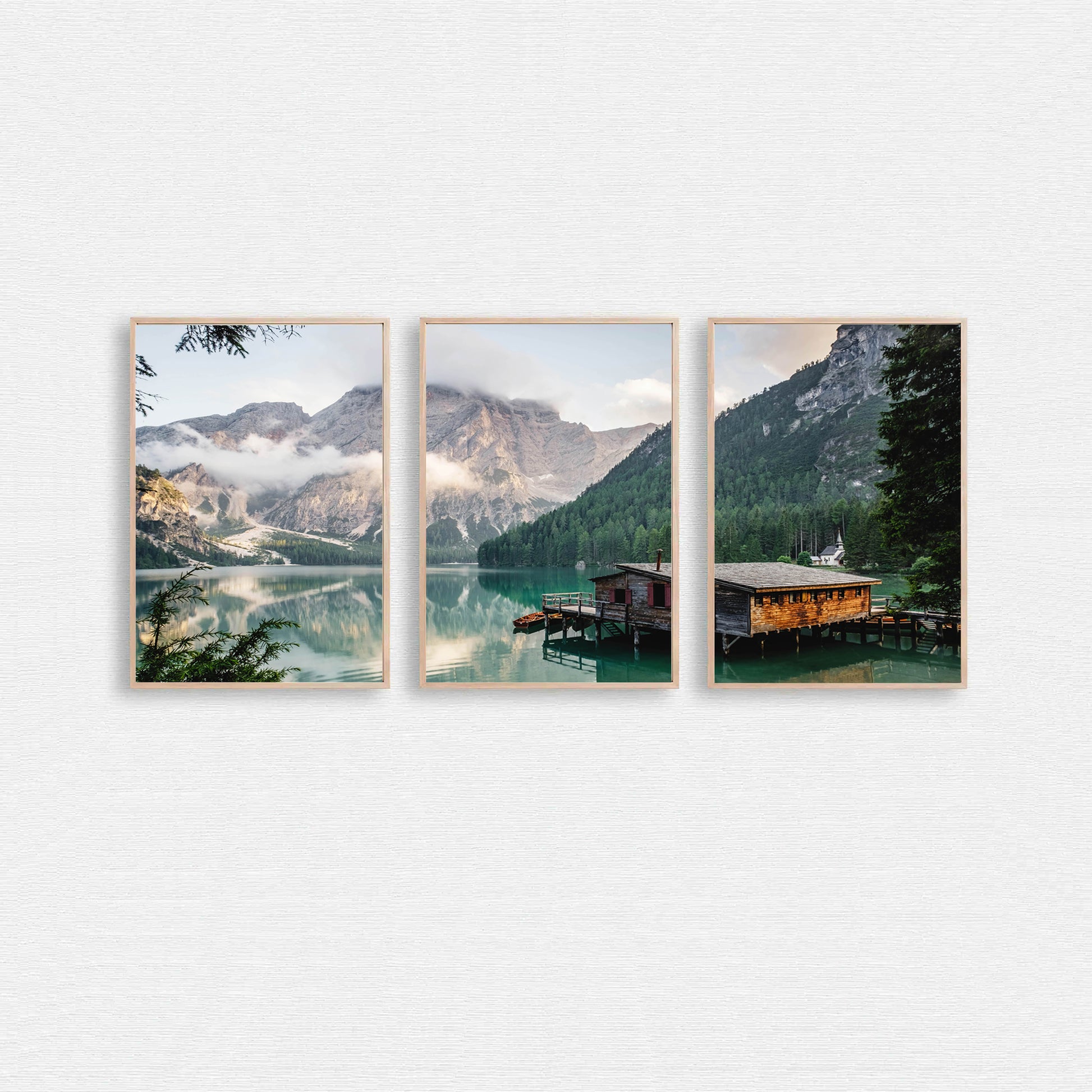 Mountain lake with chalet triptych.