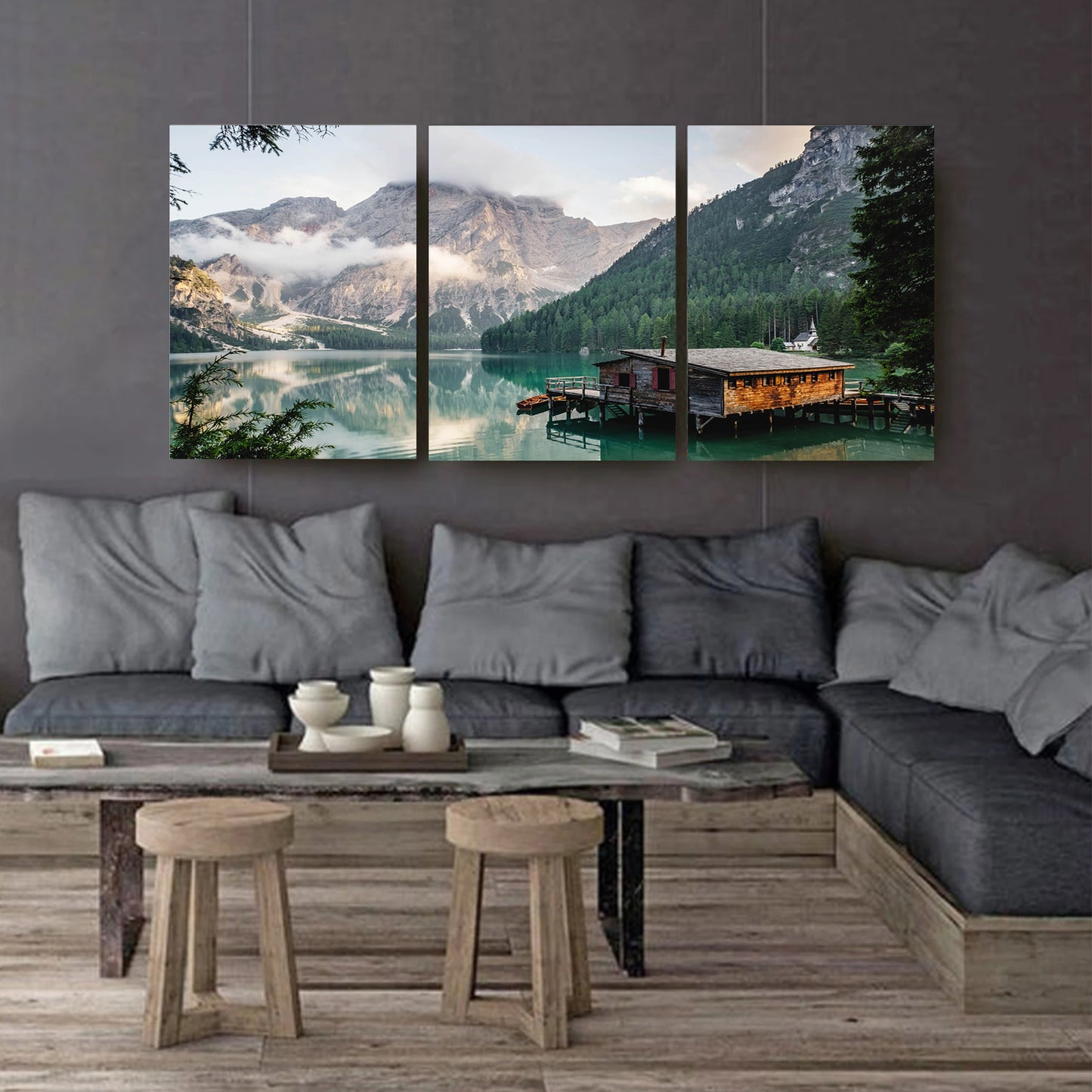 Mountain lake stretched canvas 3 piece wall art.