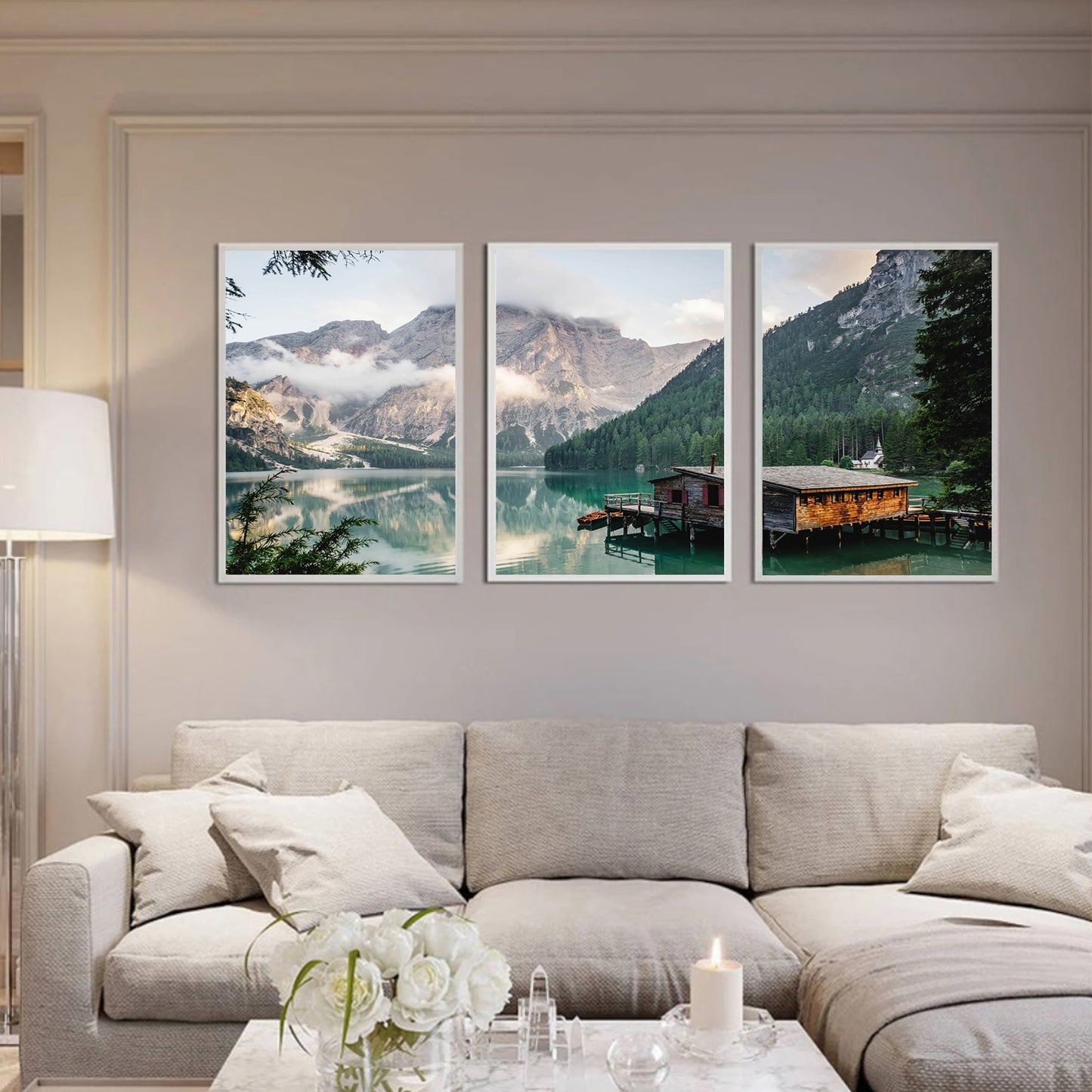 Mountain lake wall art in white color frames.