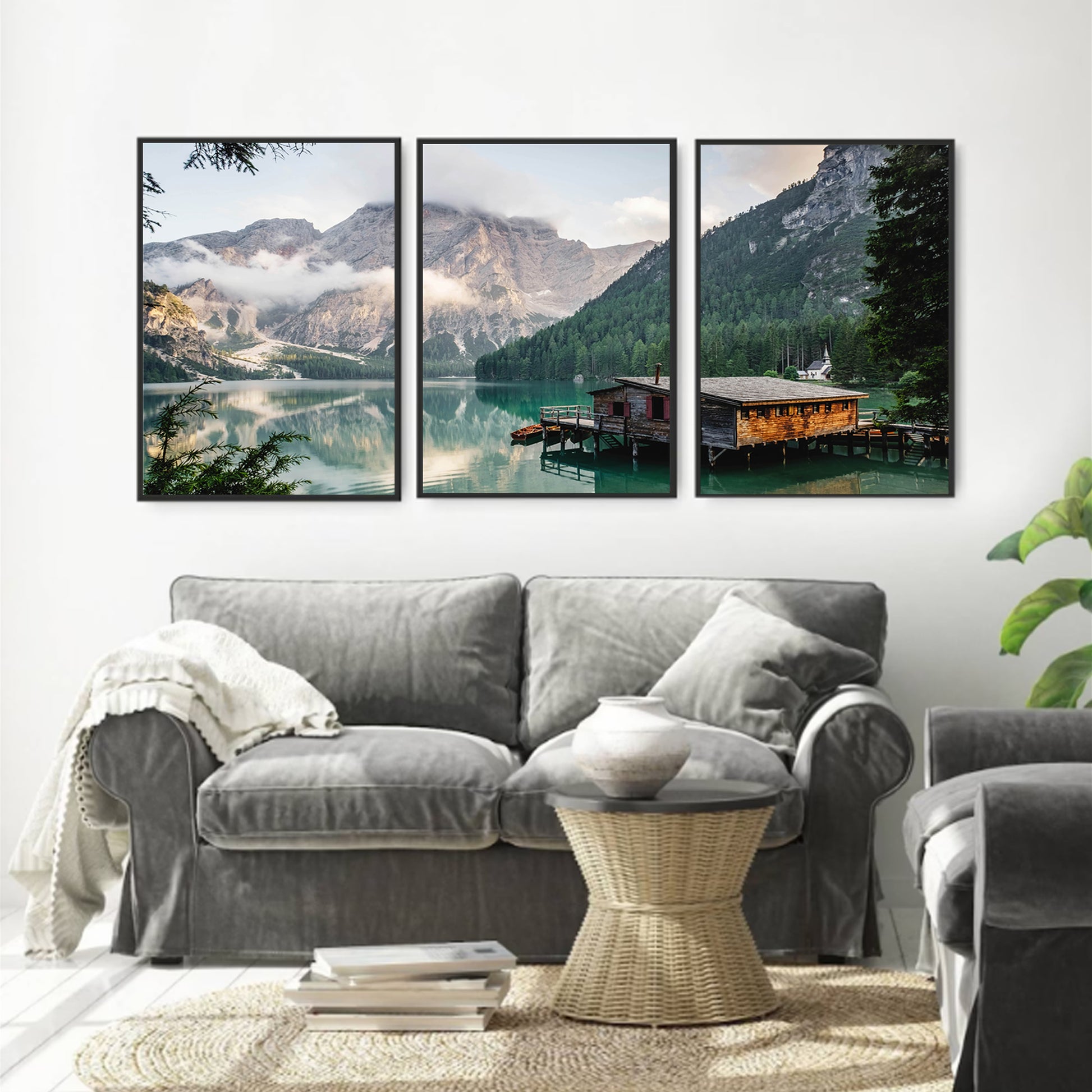 Mountain lake wall art in black color frames.