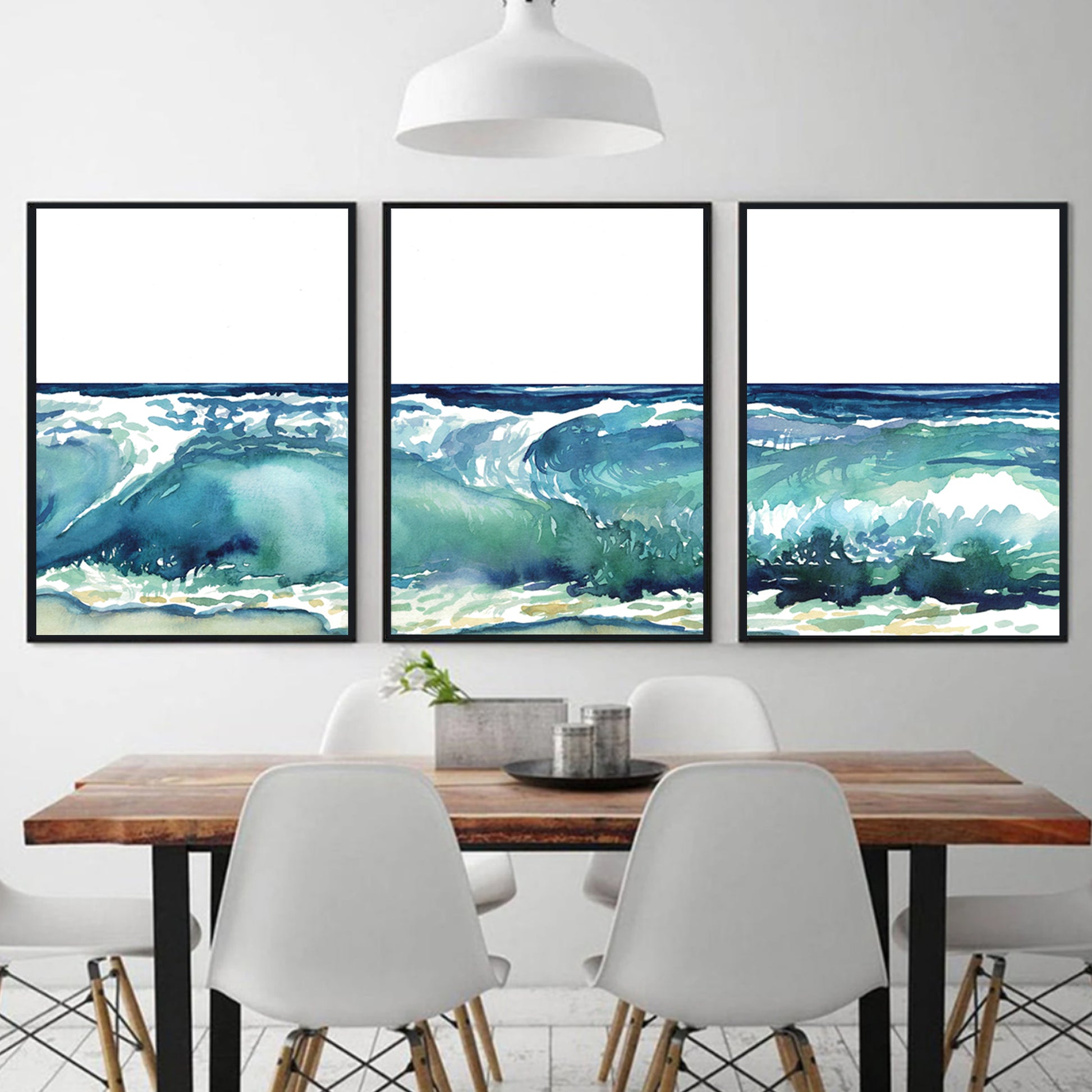 Watercolor sea waves triptych in black color frames.