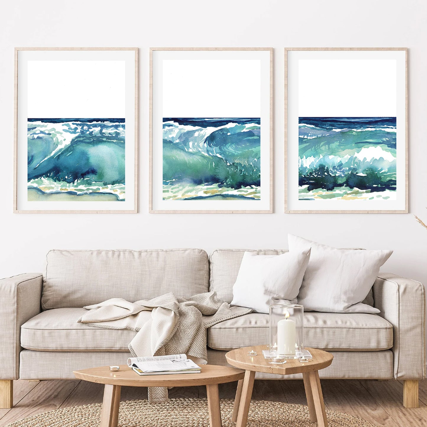 Sea beach triptych art 24x36 inches above the sofa.