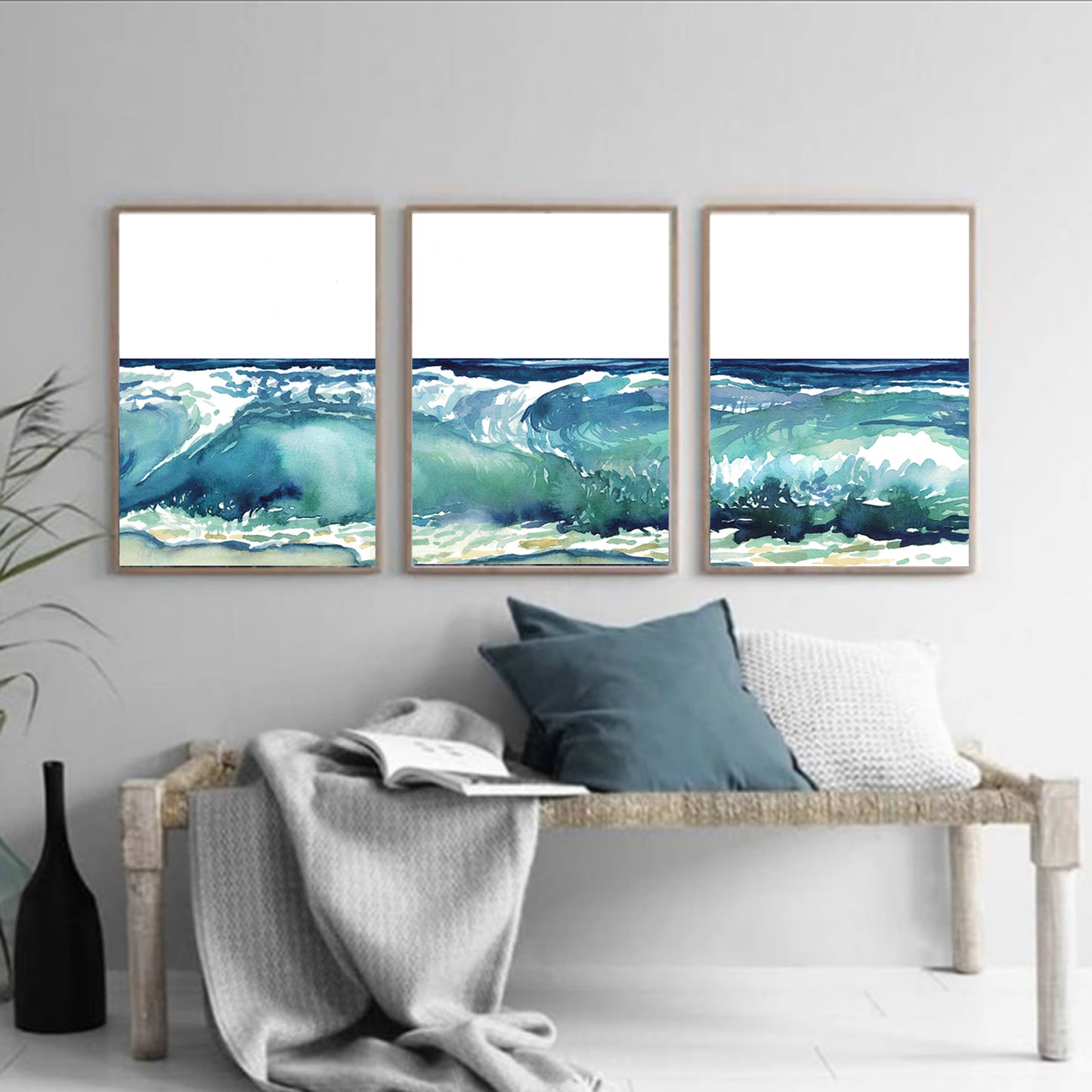 Sea beach triptych art in the interior in Scandinavian style.