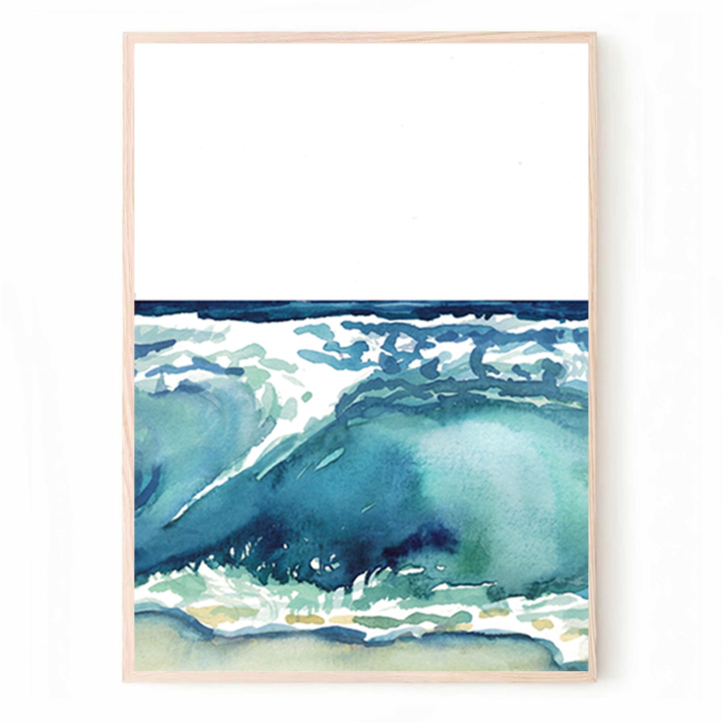 Aquarellmalerei von blaugrünen Meereswellen | Meer Strand Triptychon Kunst