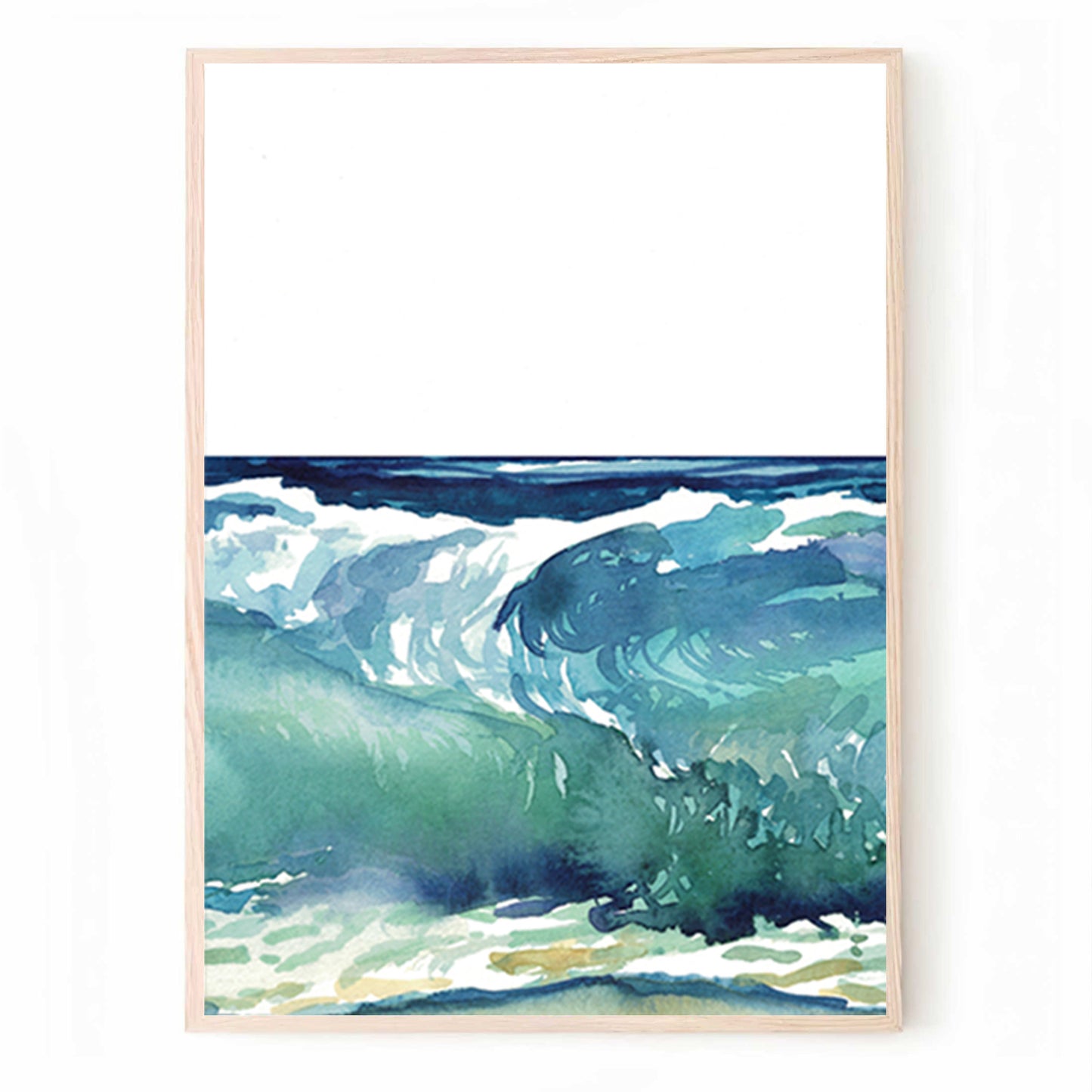 Aquarelle représentant des vagues bleu-vert de la mer | Triptyque d'art sur la mer et la plage