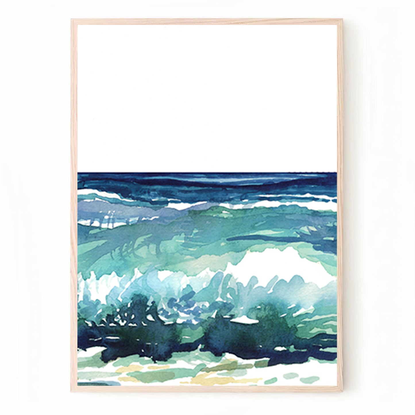 Aquarellmalerei von blaugrünen Meereswellen | Meer Strand Triptychon Kunst