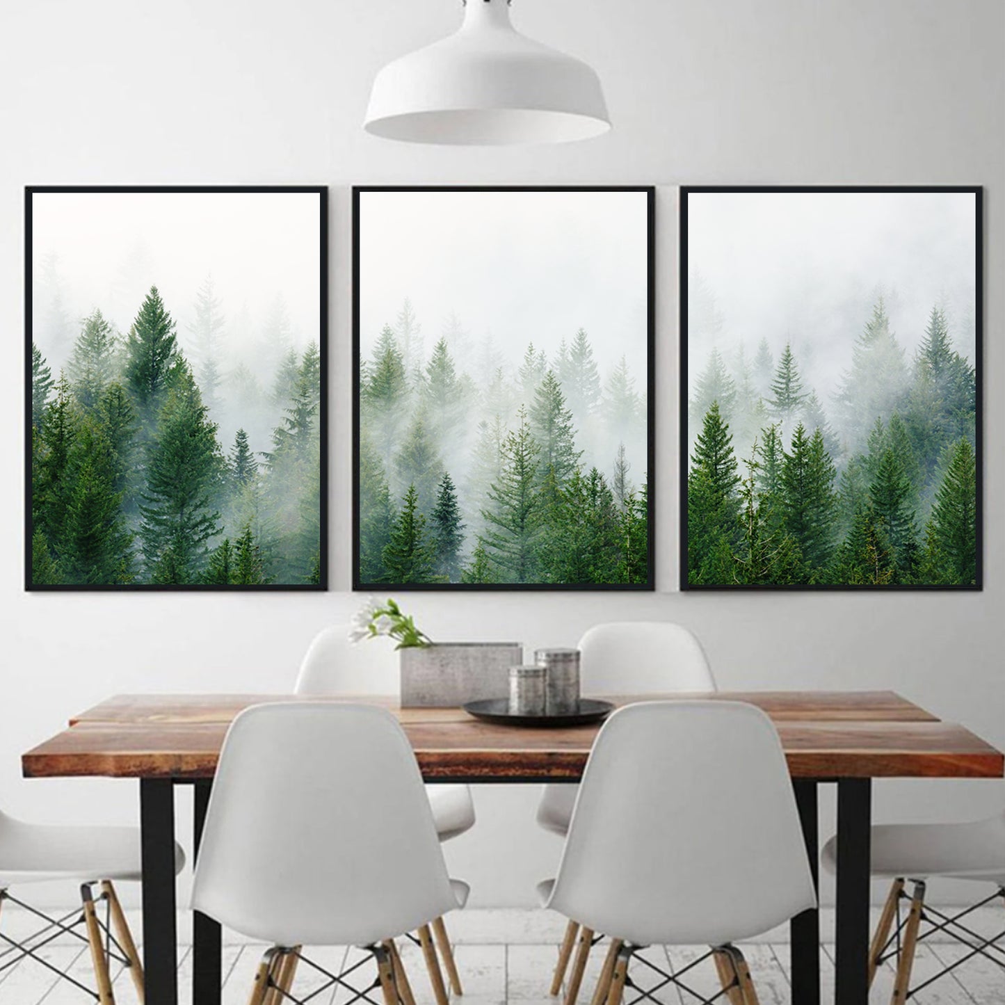 Triptych with forest panorama in black color frames.