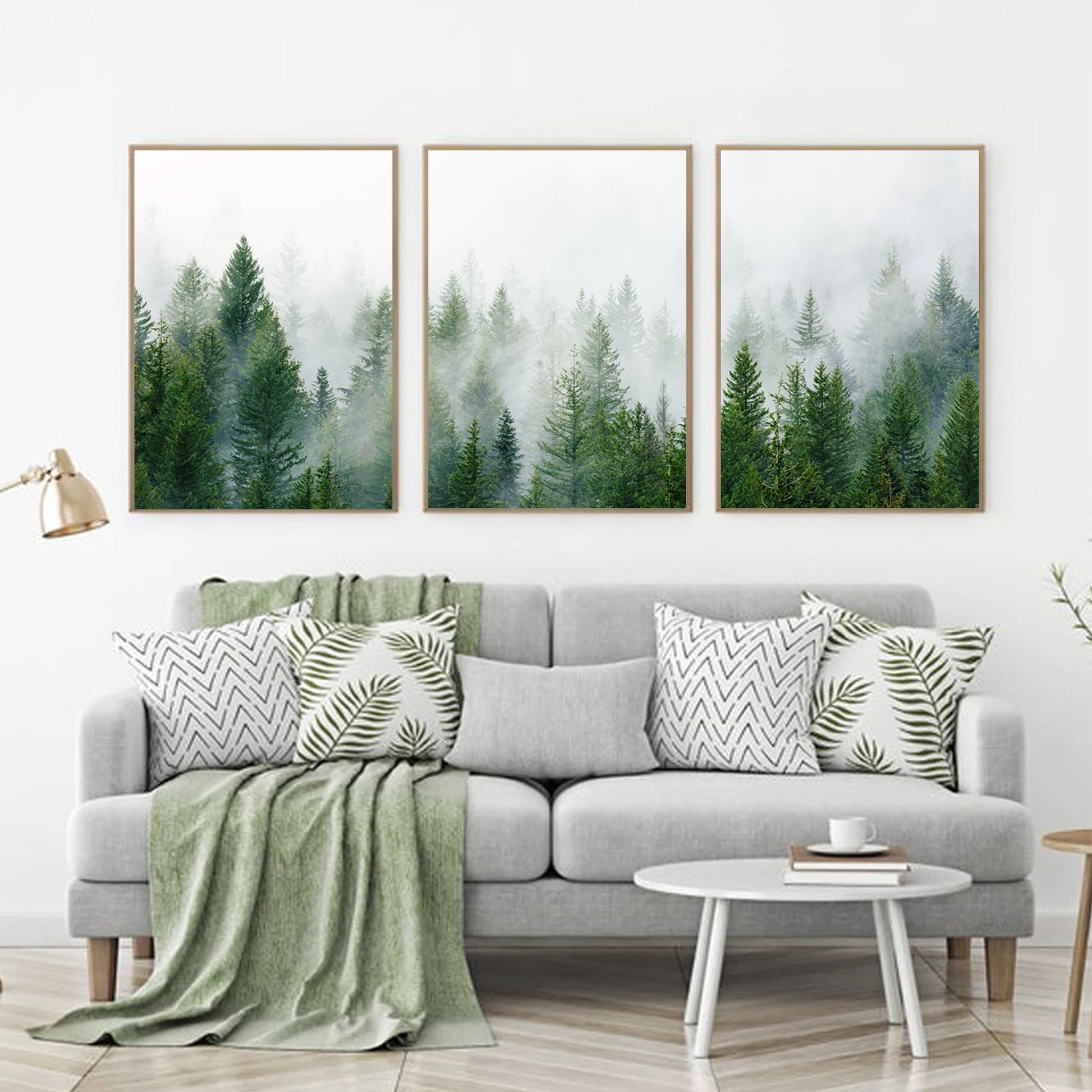 Green forest in fog triptych.