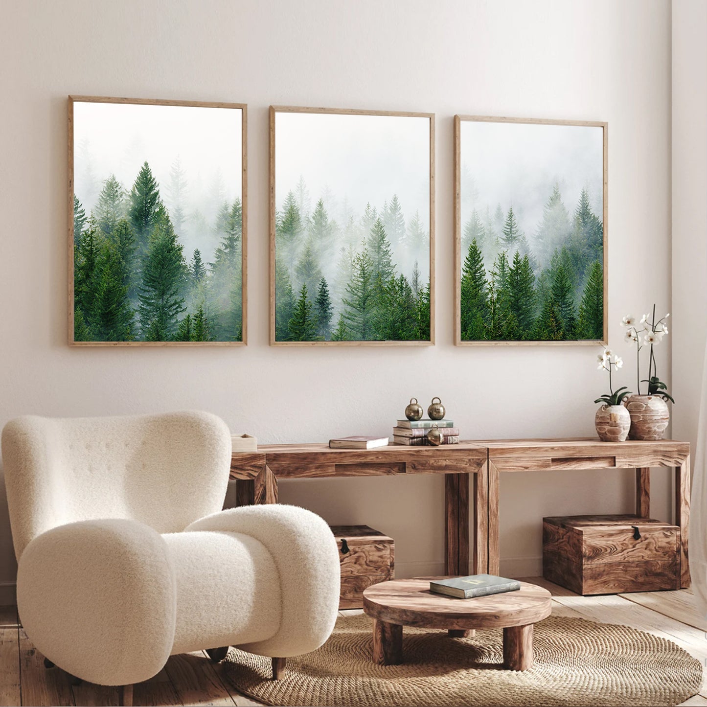 Green forest triptych in wood color frames.