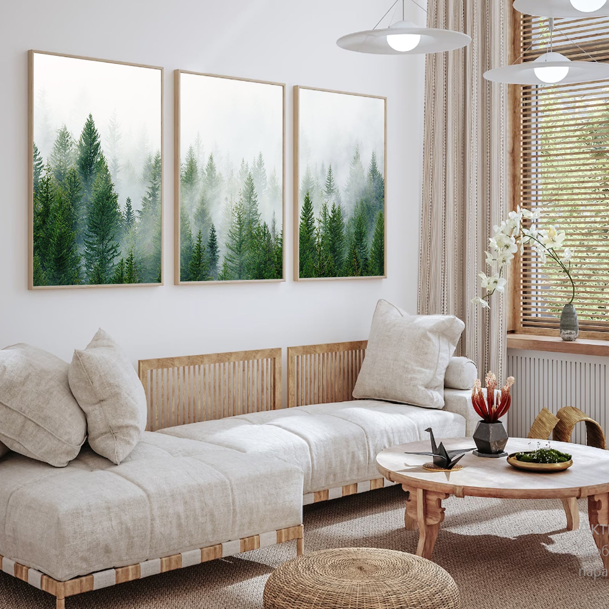 Green forest triptych wall art in Scandinavian style.