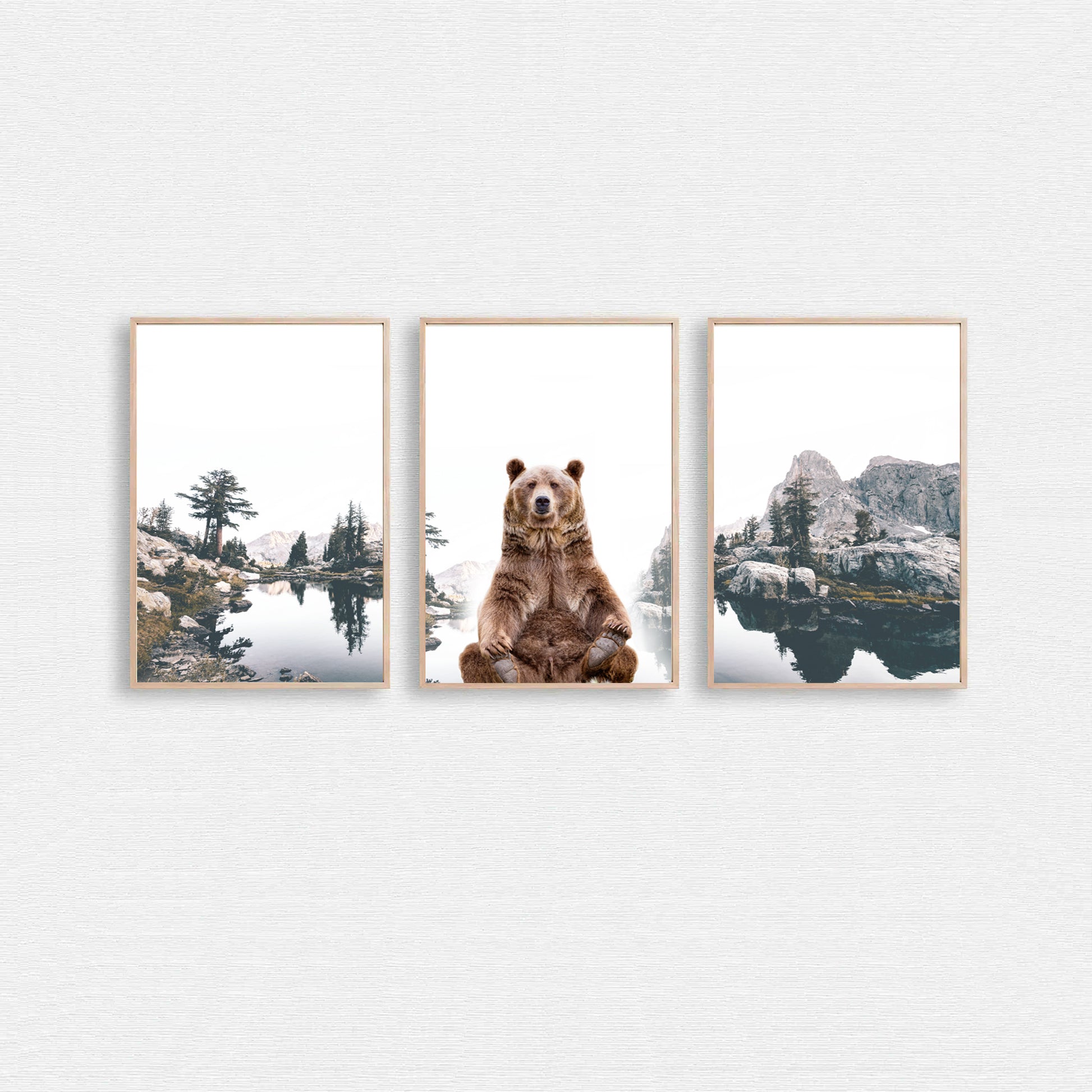 Mountain lake with brown bear wall art.