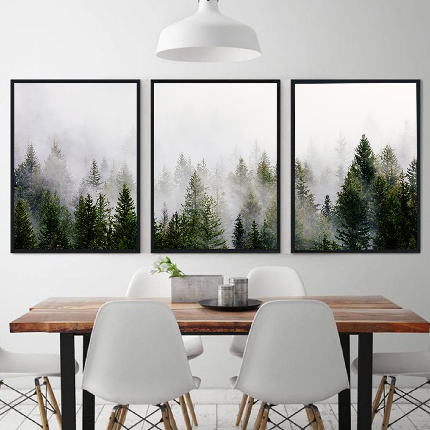 Foggy forest triptych in black color frames.