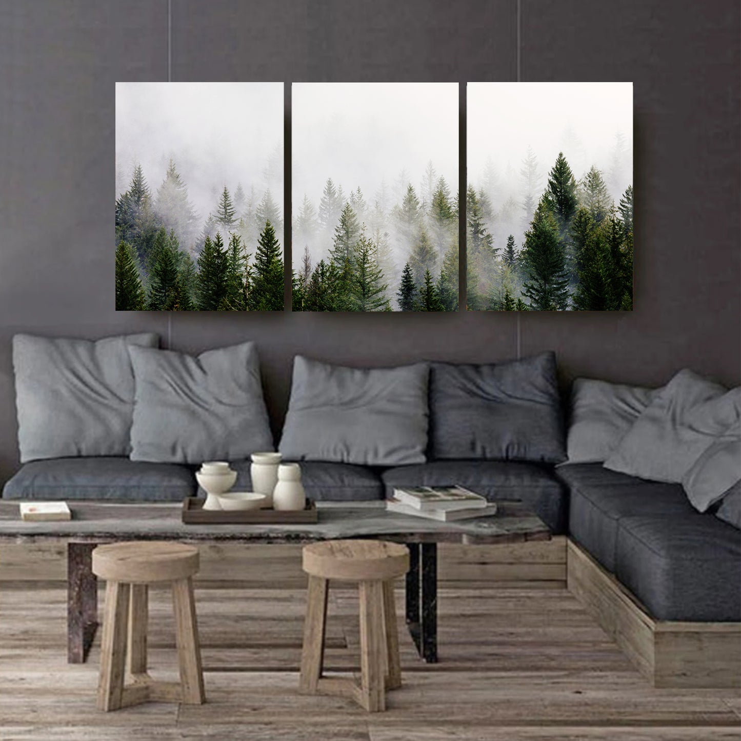 Foggy forest 3 panel canvas.