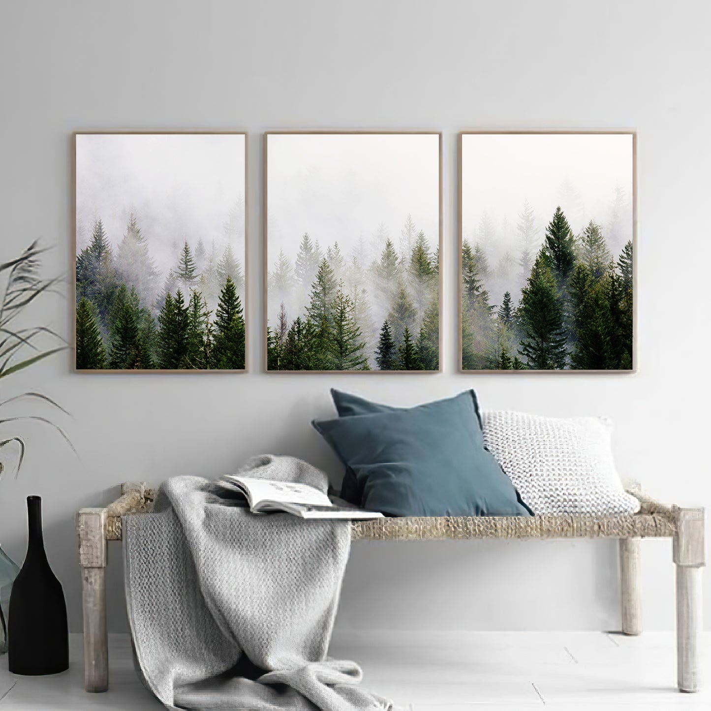 Scandinavian interior with forest wall art.