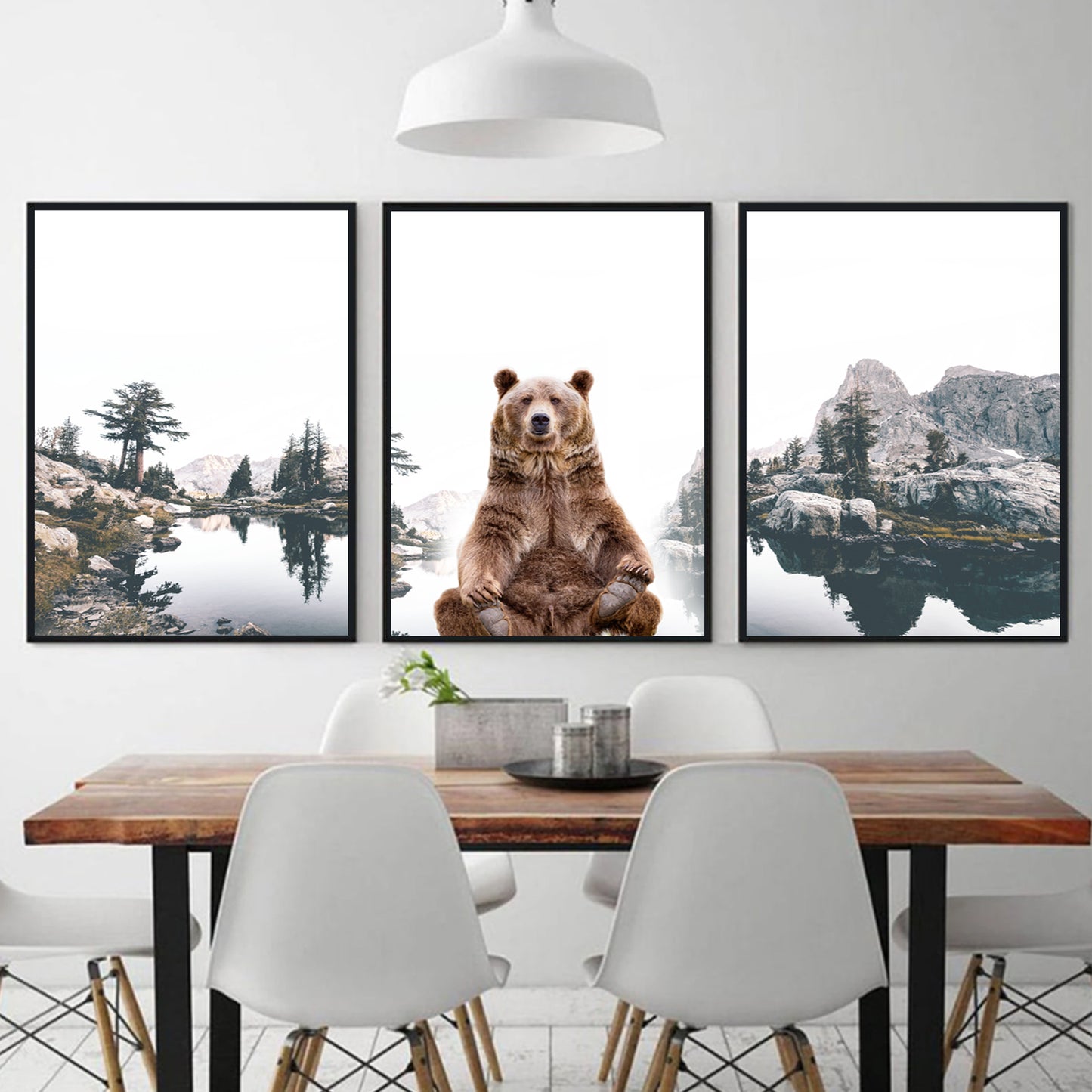 Mountain lake with brown bear wall art in black color frames.