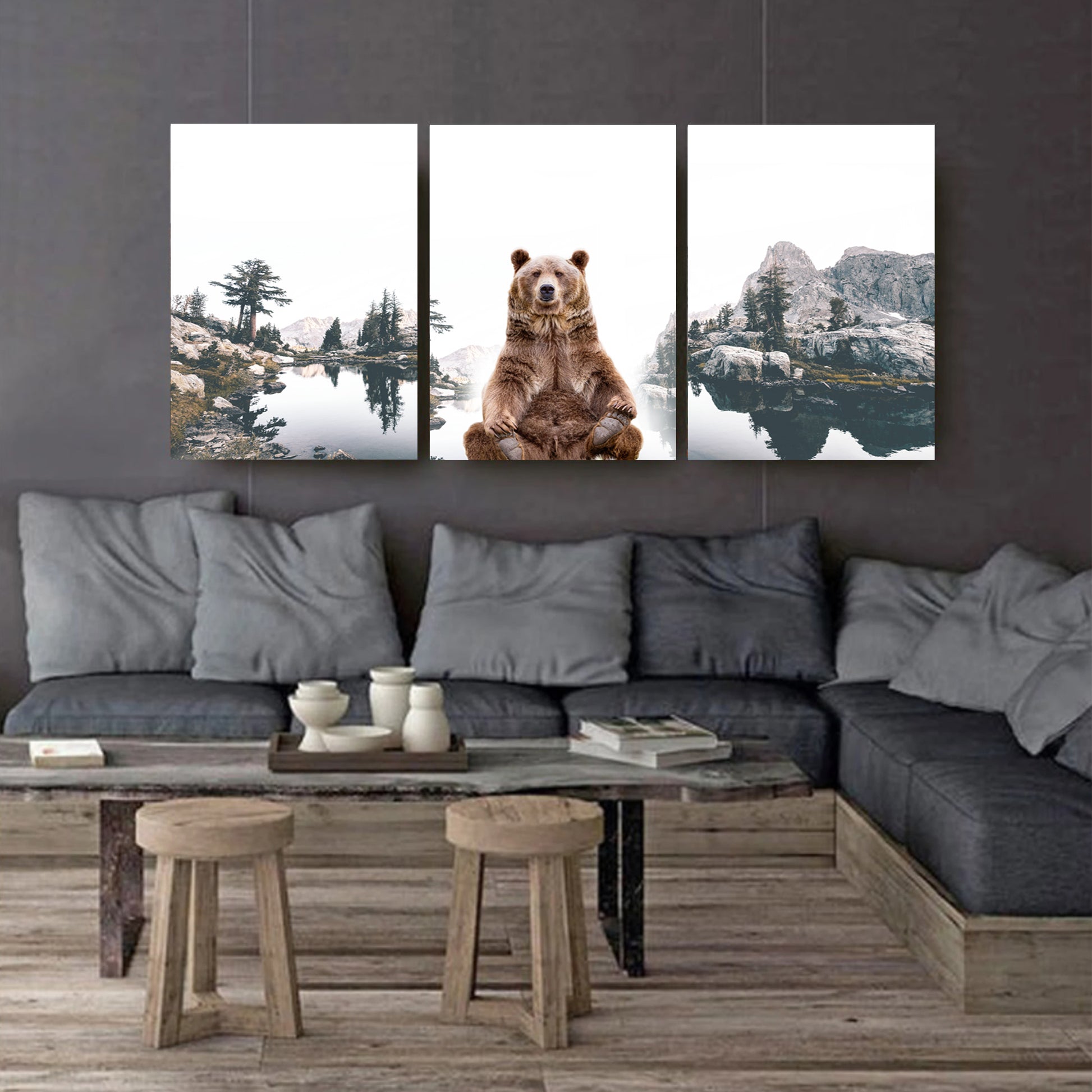 Mountain lake with brown bear 3 canvas panel on dark wall.