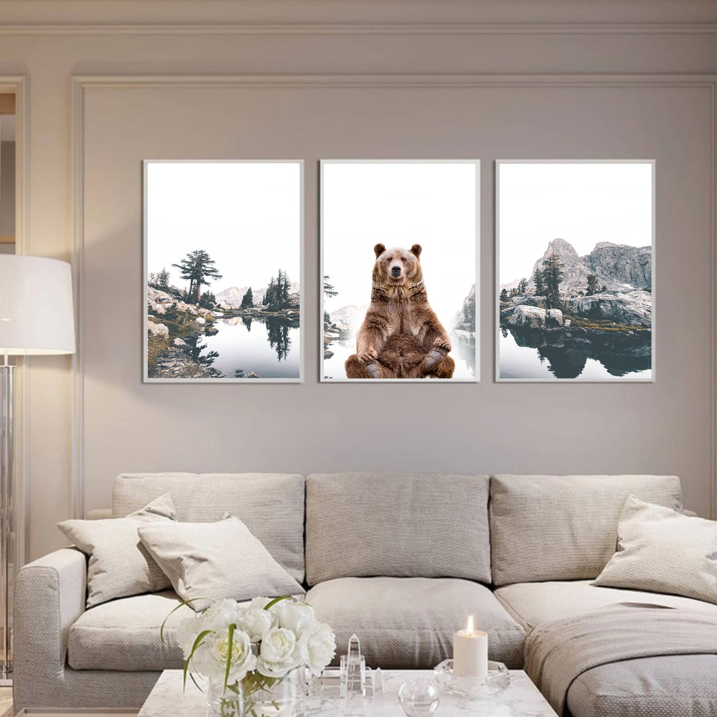 Mountain lake with brown bear wall art in white color frames.