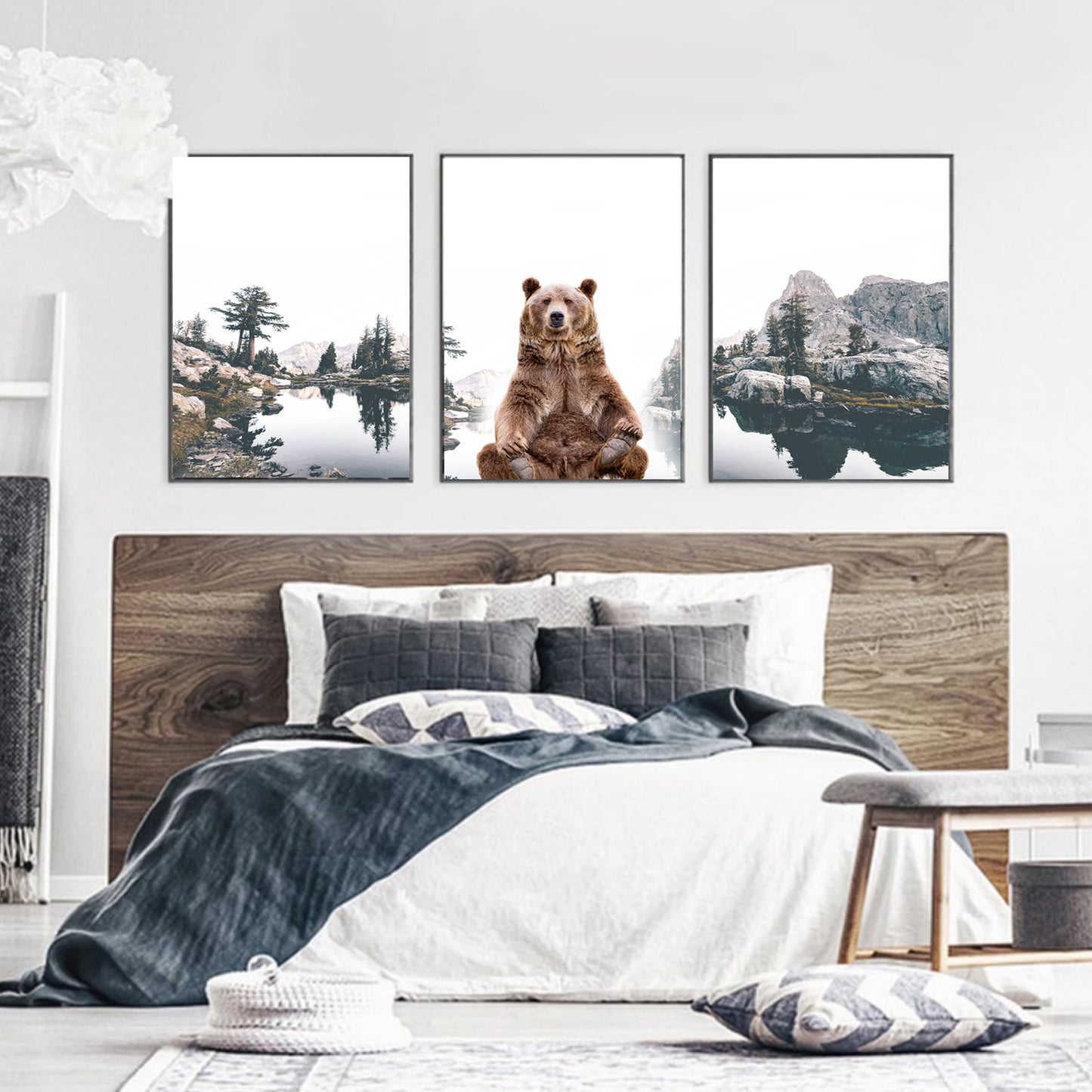 Mountain Lake with Bear 3 Piece Wall Art | Autumn Nature Triptych