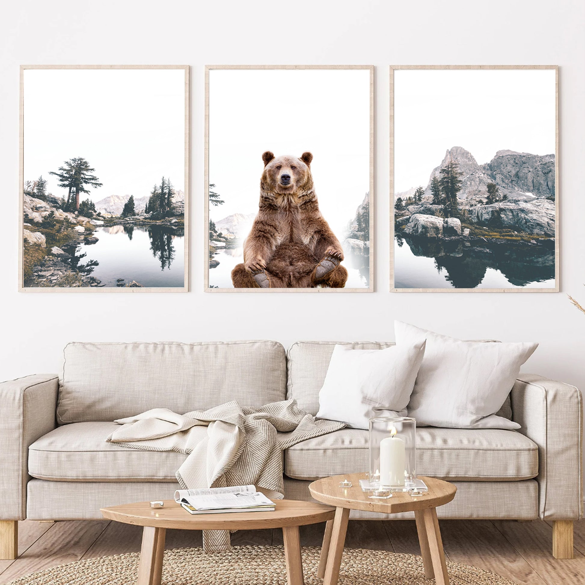 Large wall art 24x36 inches with bear and lake.