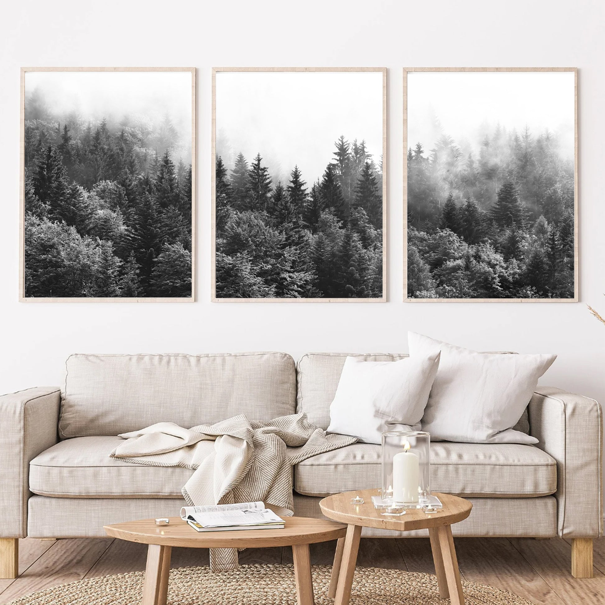 Misty forest prints in black white.