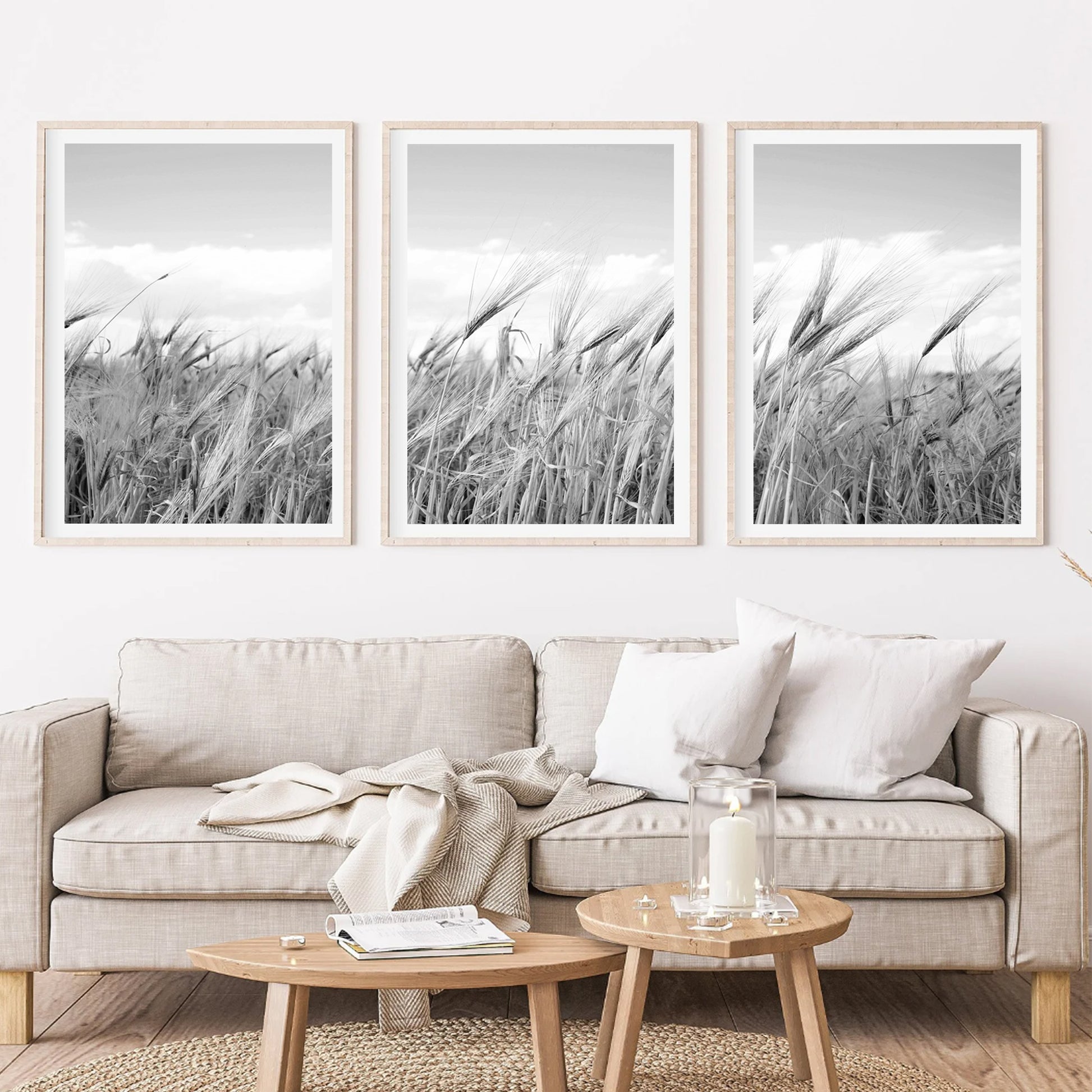 Ears of Wheat 3 Piece Wall Art | Triptych with sky and grass in black and white.