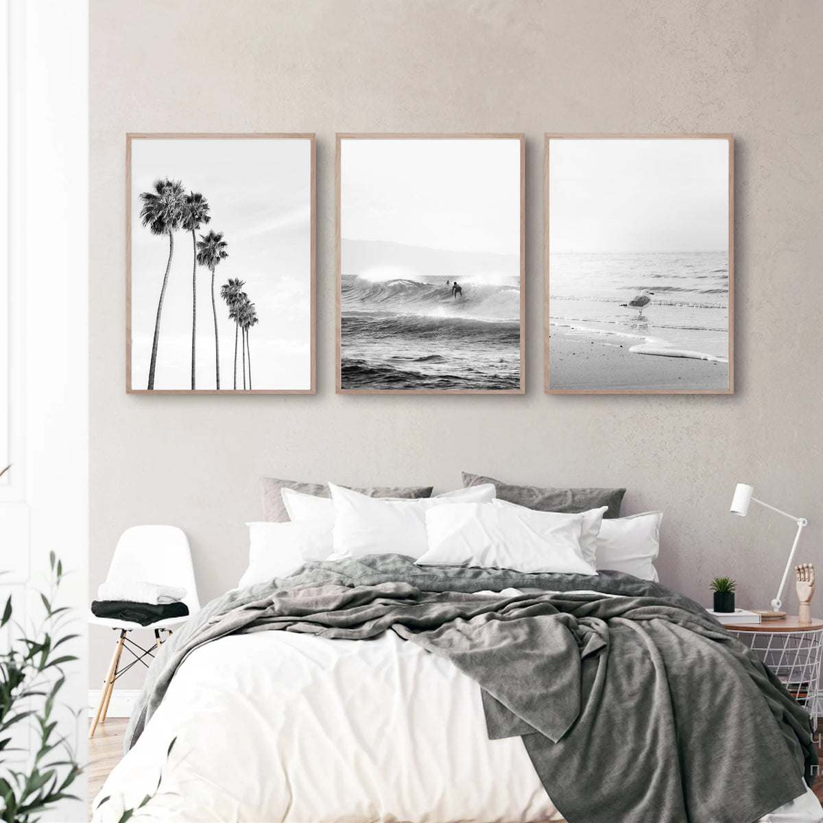 Black white photos of ocean landscapes.