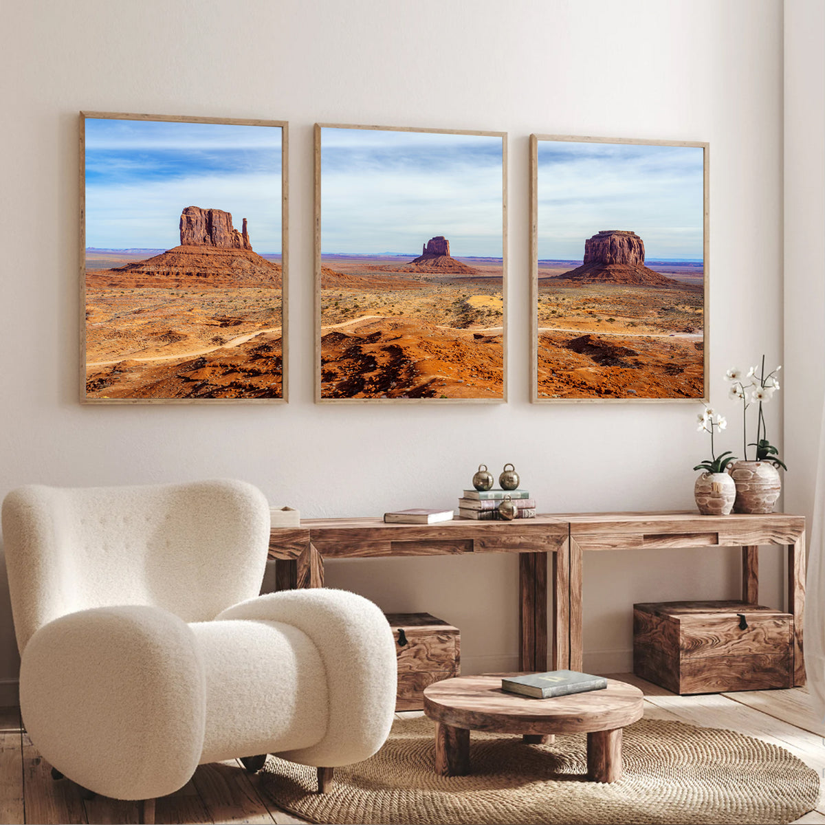 Desert landscape photos on the wall.