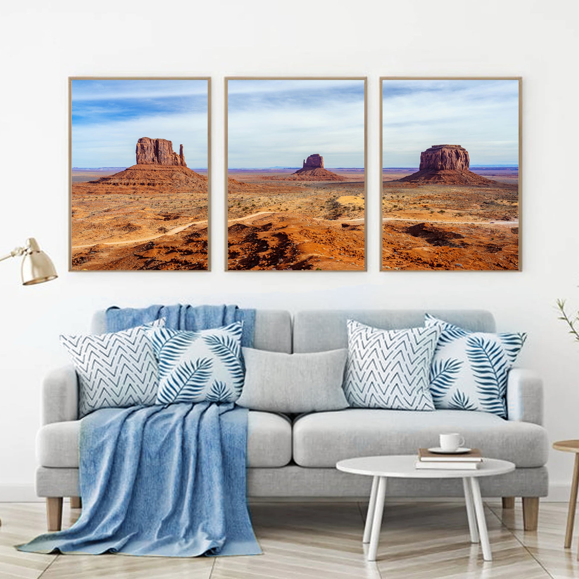 Vibrant landscape photos in living room.